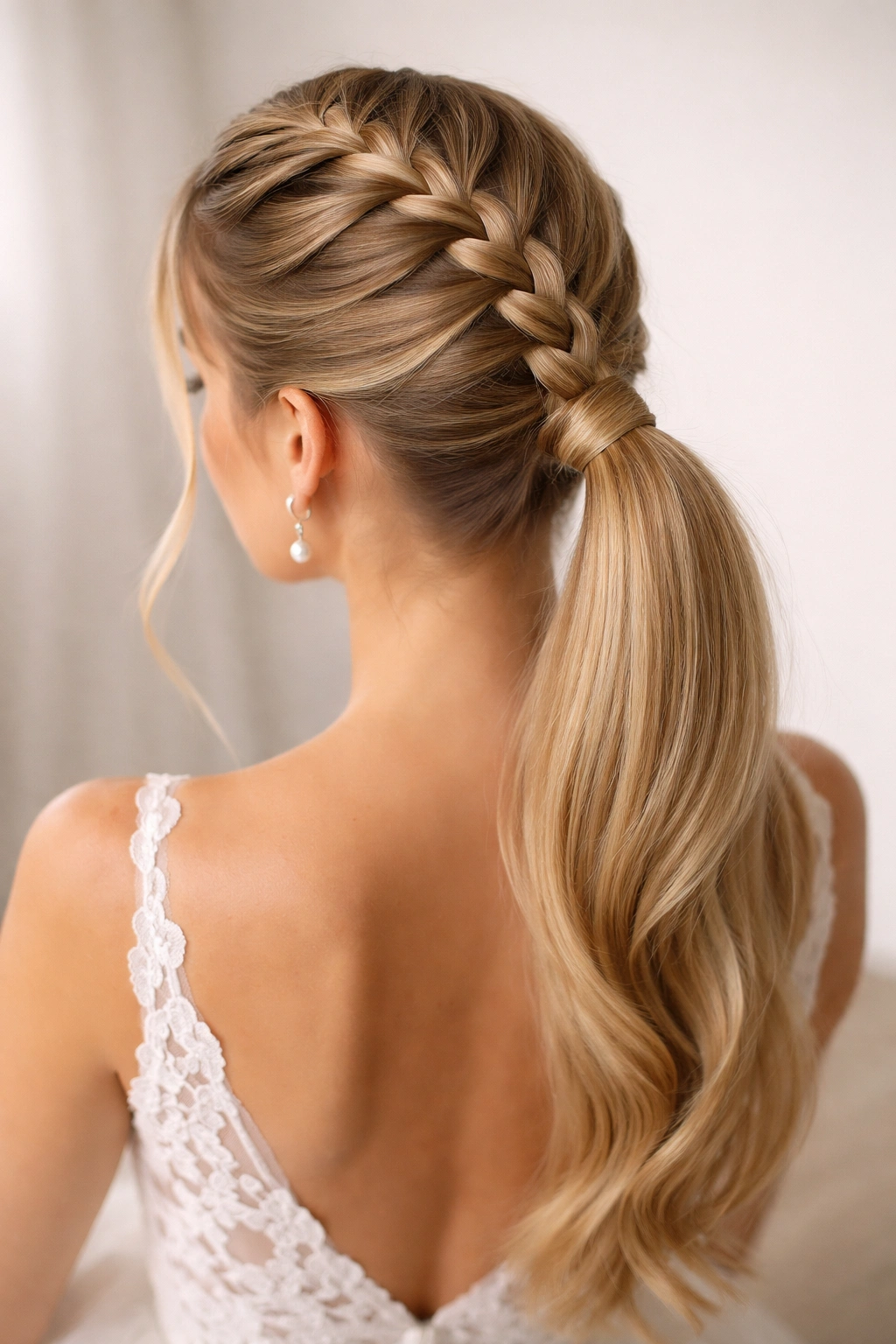 Dutch braid flowing into a ponytail viewed from crown to nape