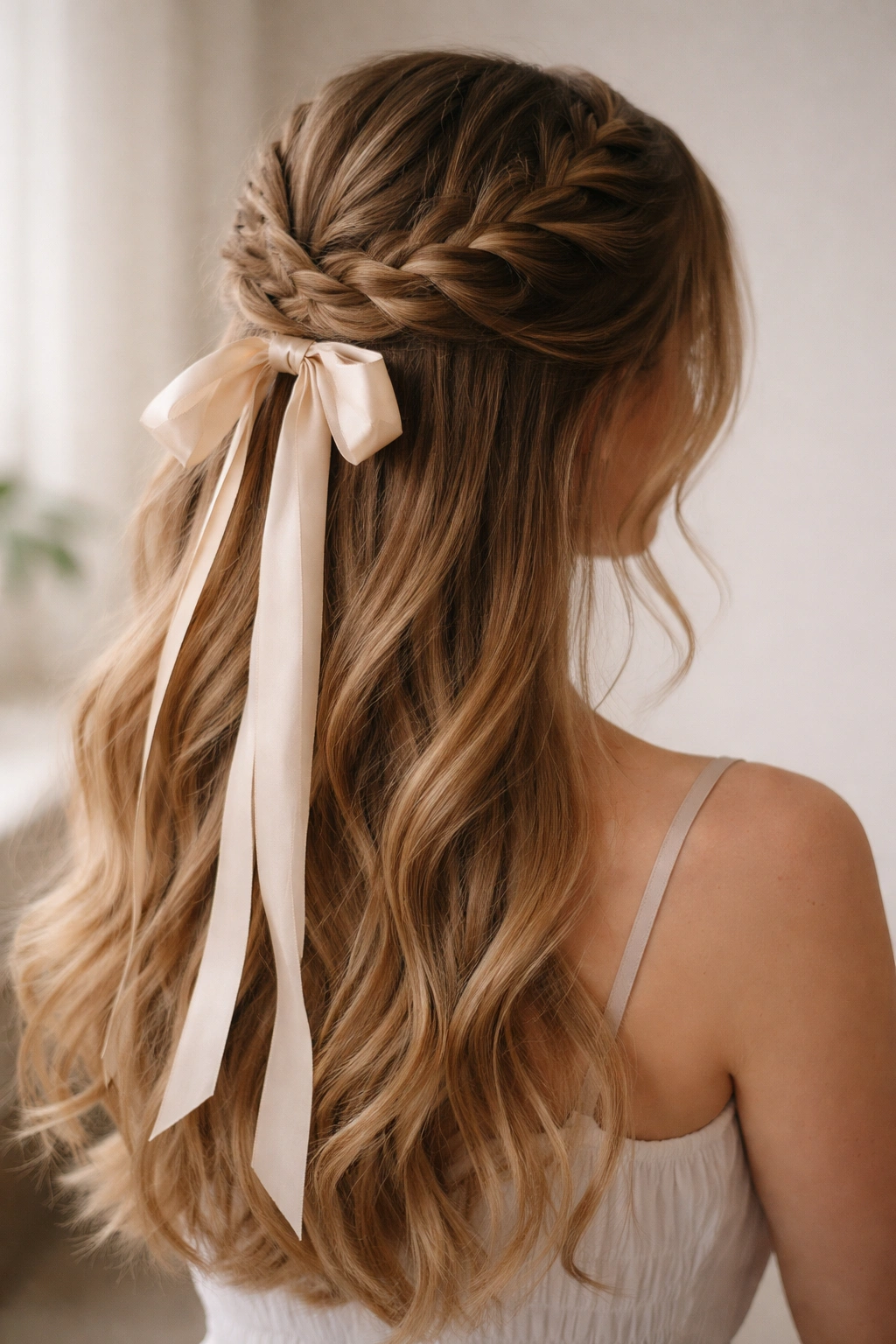 Crown Dutch braid with cascading ribbon in half-up hairstyle