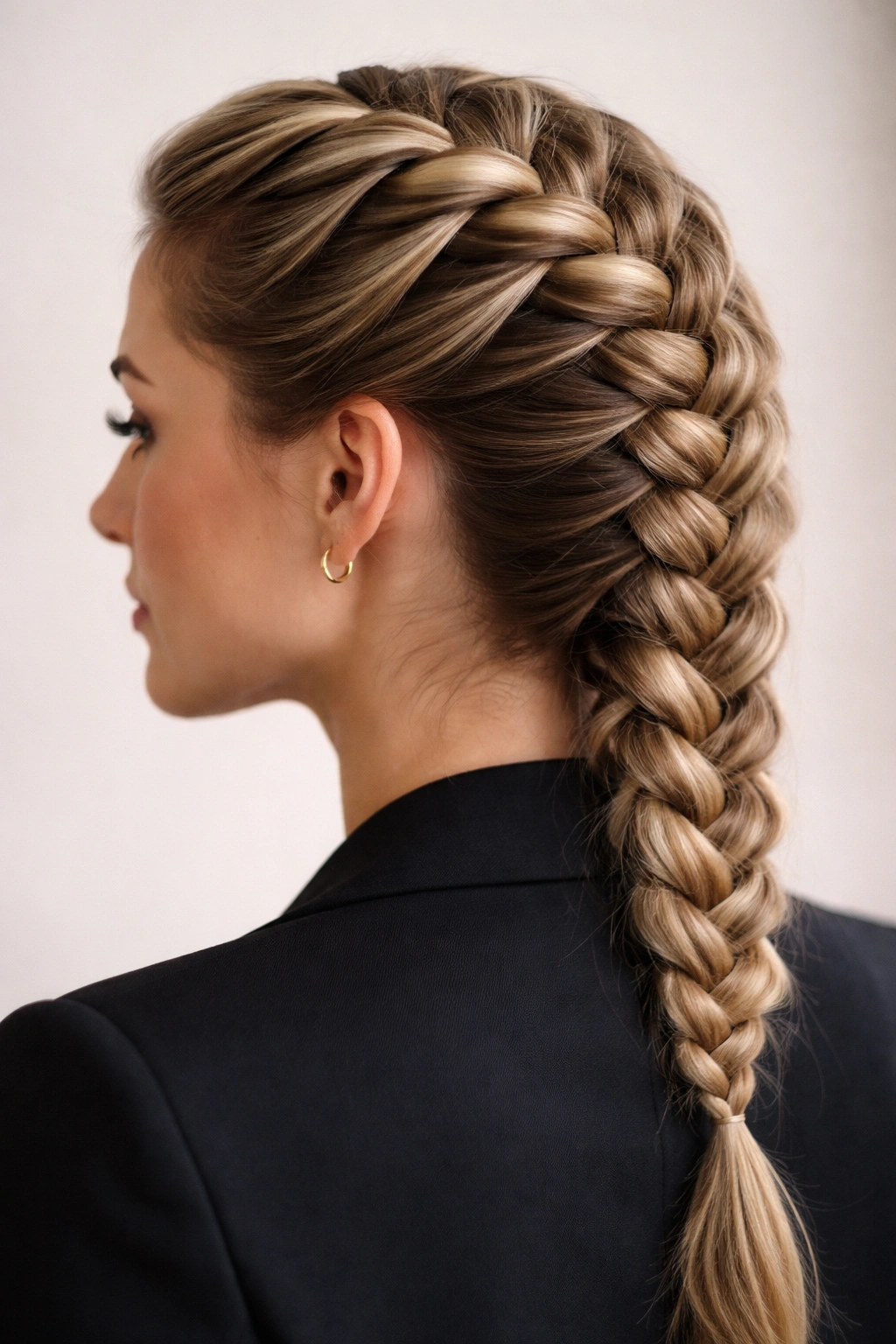 Side view of a 3D Dutch braid starting at the temple with textured braid on the scalp