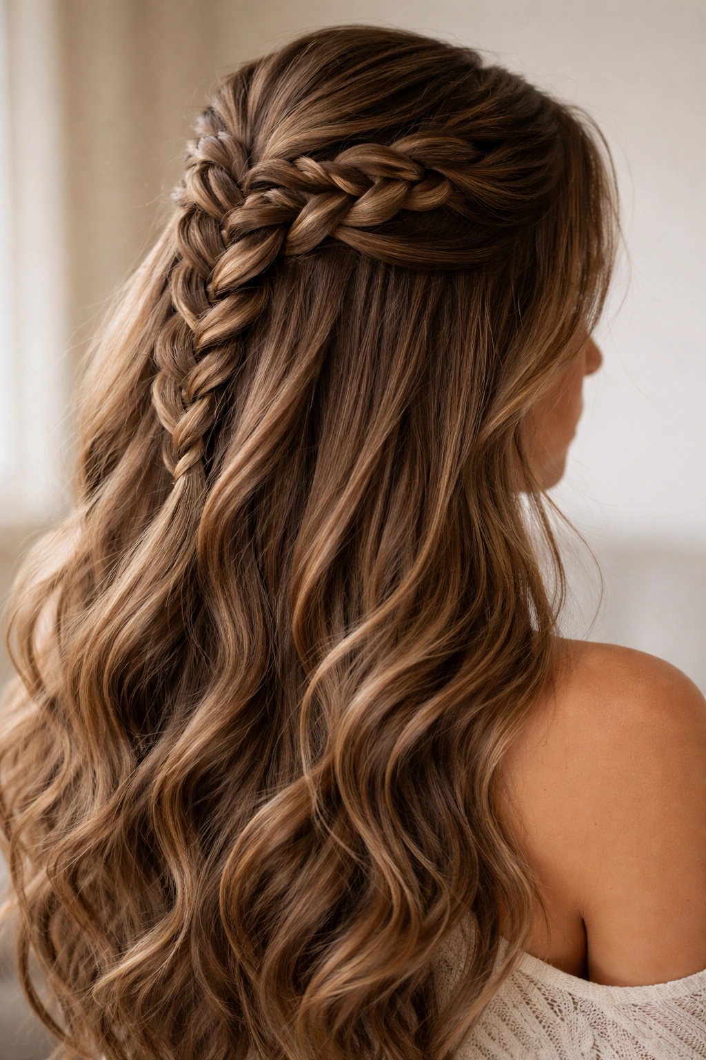 Close-up of thick hair styled in a raised Dutch braid half-up at the crown