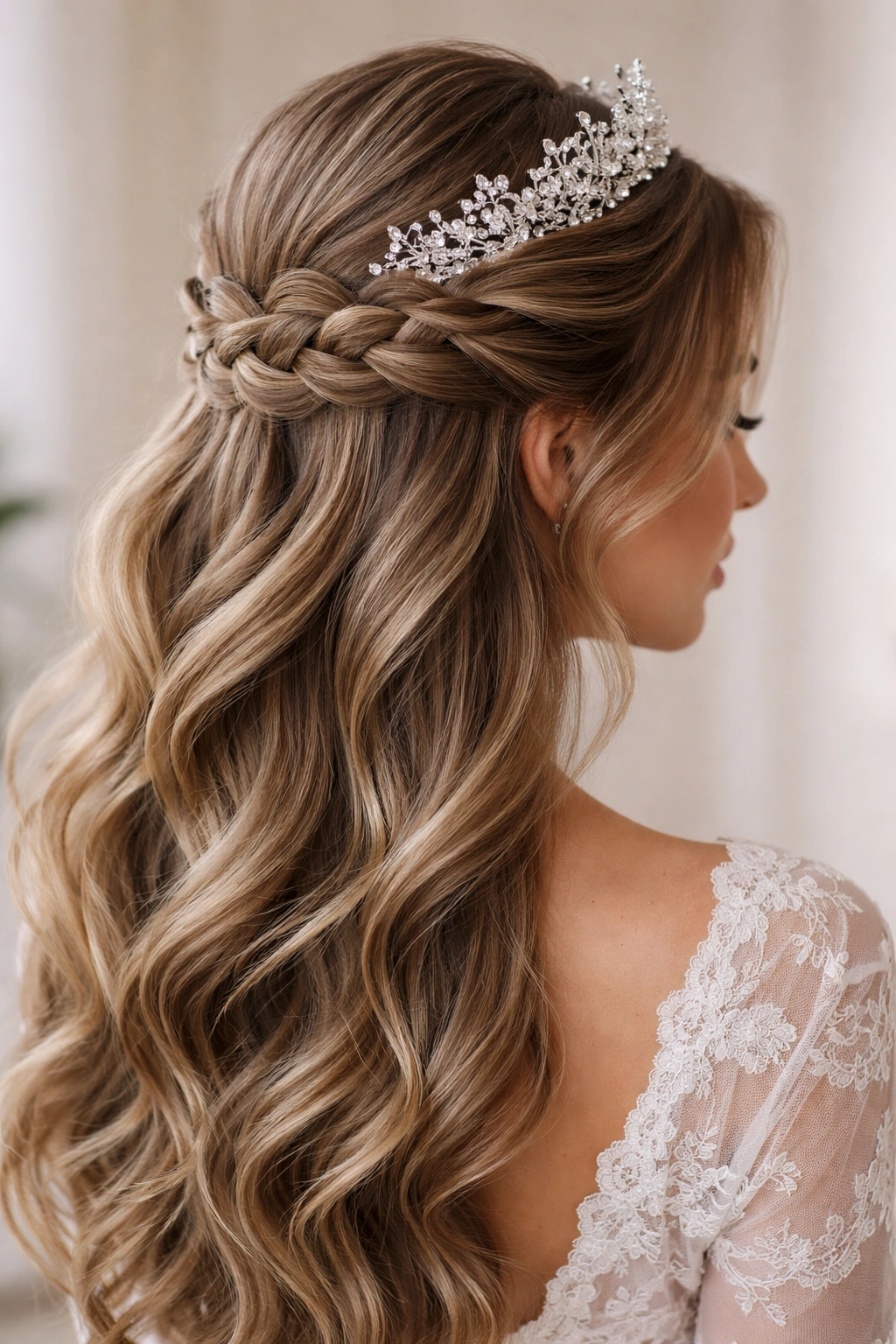 Close-up of a Dutch braid half-up with tiara accent on a model's head