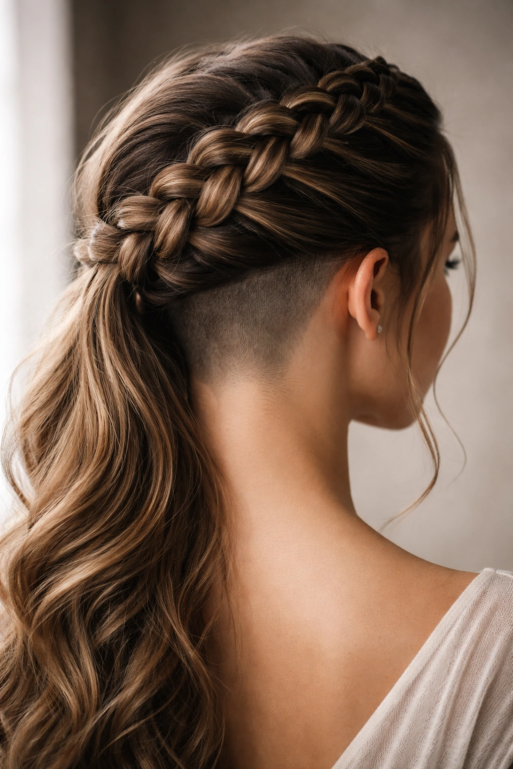 Rear view of Dutch braid with undercut details and smooth back