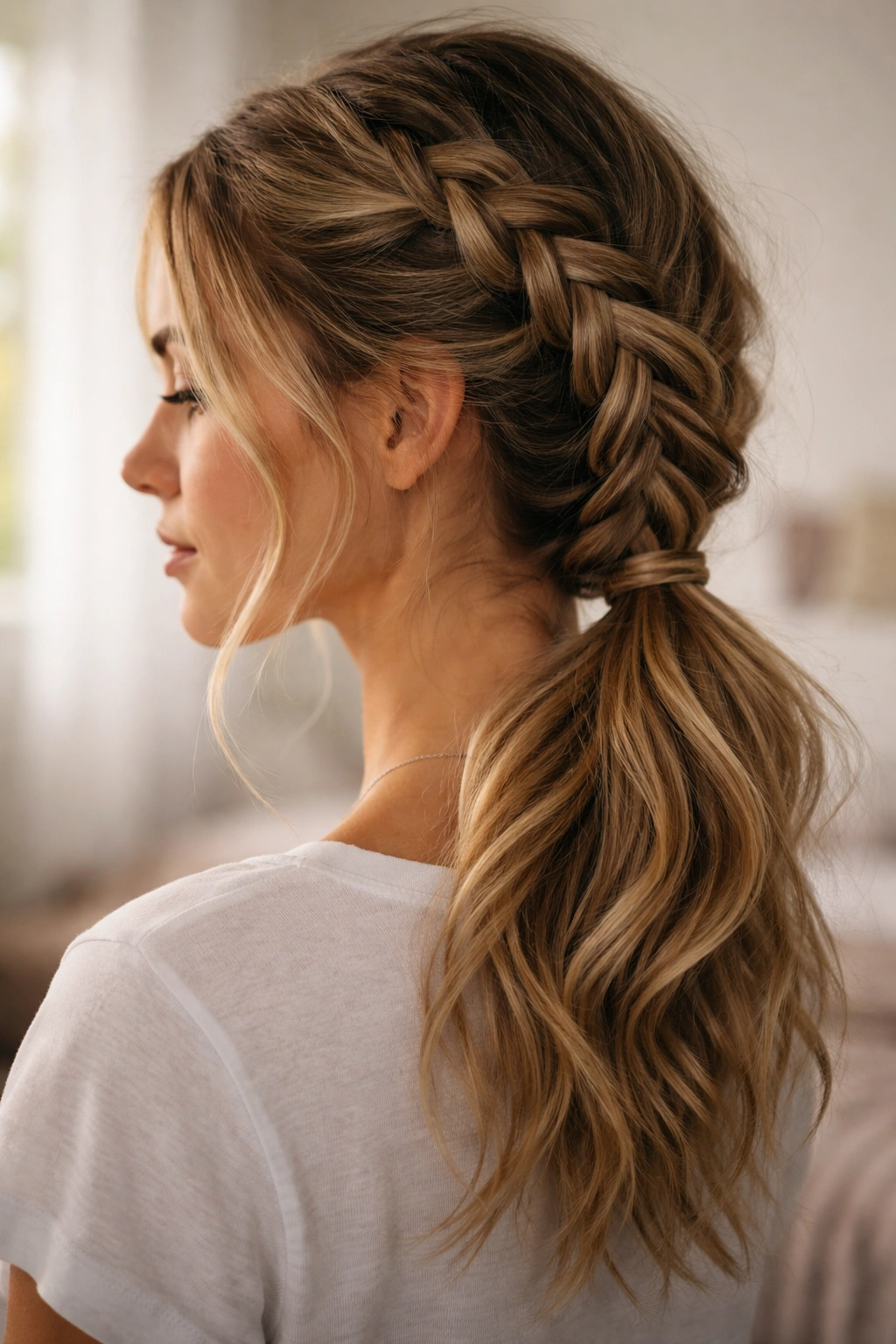 Close-up of a loose Dutch braid secured in a side ponytail with textured strands