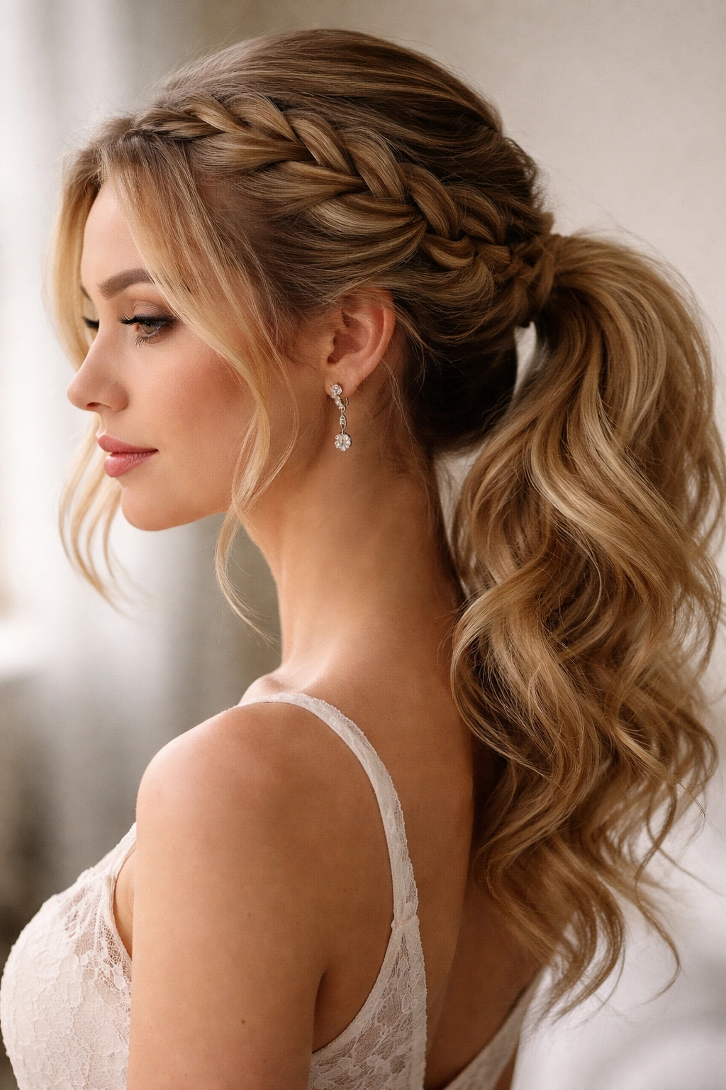 Side view of Dutch braid along the head transitioning into a ponytail
