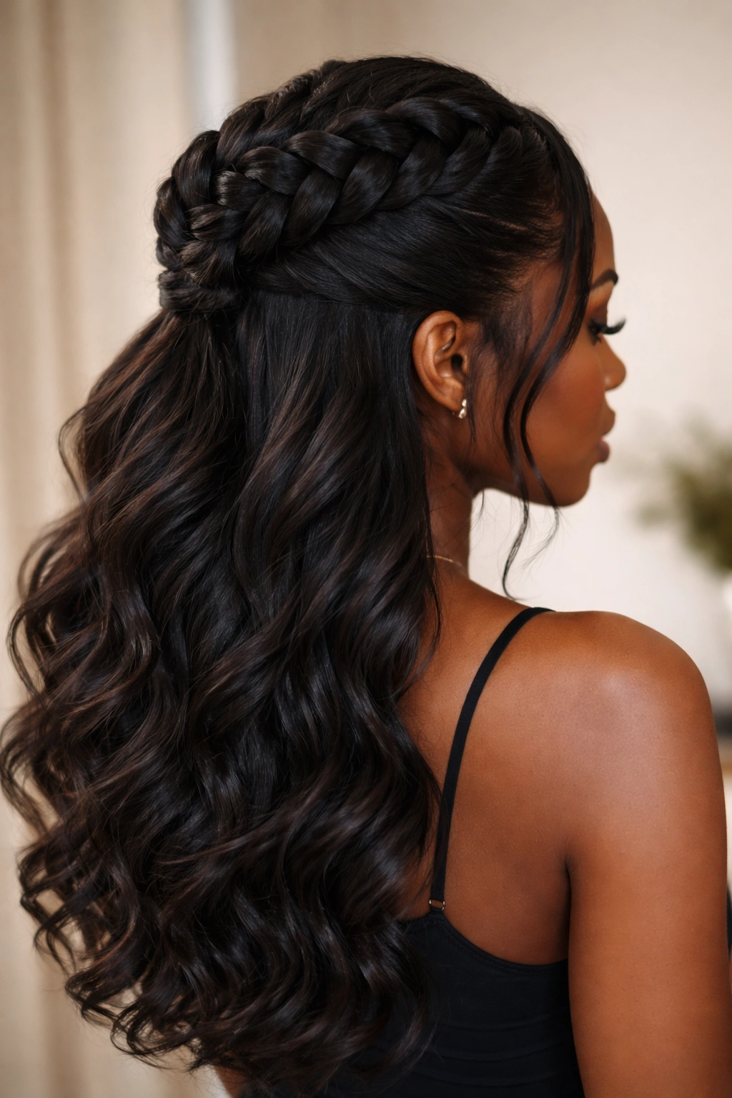 Close-up of Dutch braid half up half down on head.
