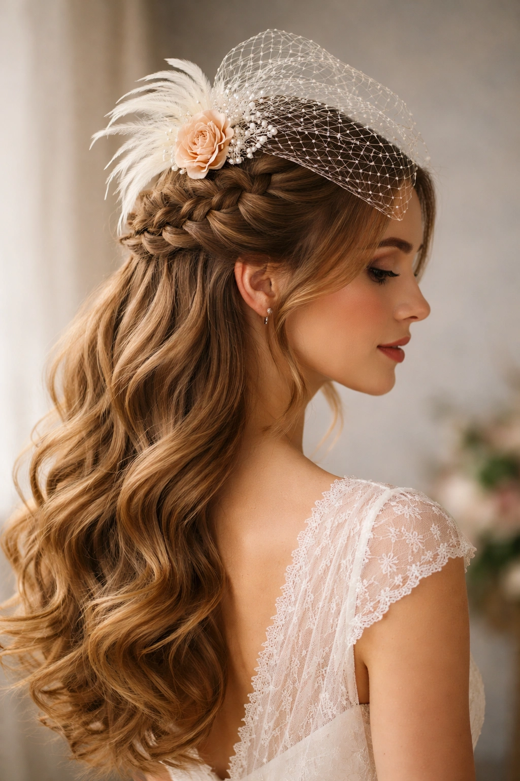 Dutch braid half-up hairstyle with a vintage fascinator perched above the braid