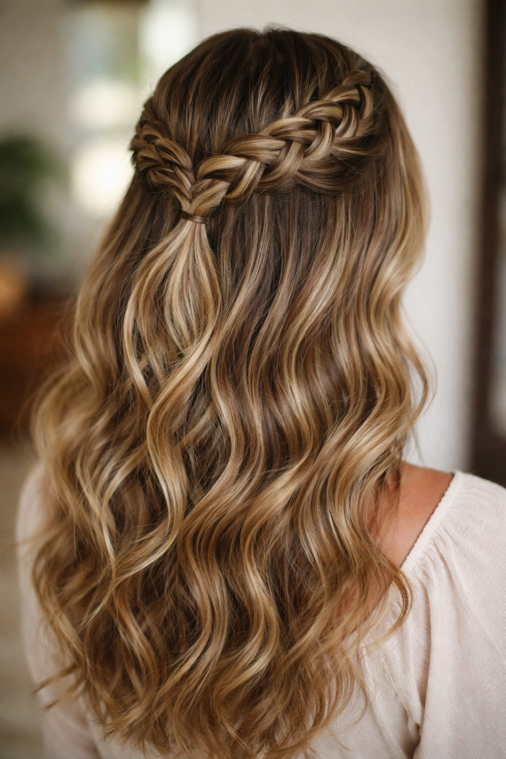 Dutch braid along the crown with soft waves below