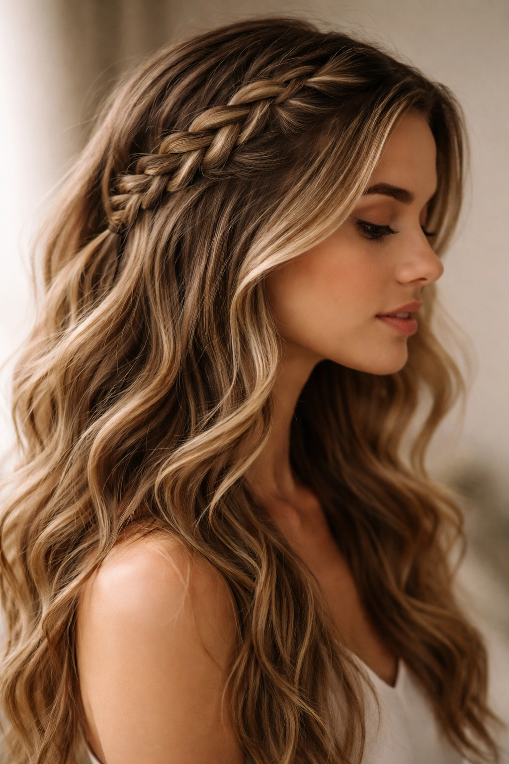 Close-up profile of a single-side Dutch braid with voluminous waves