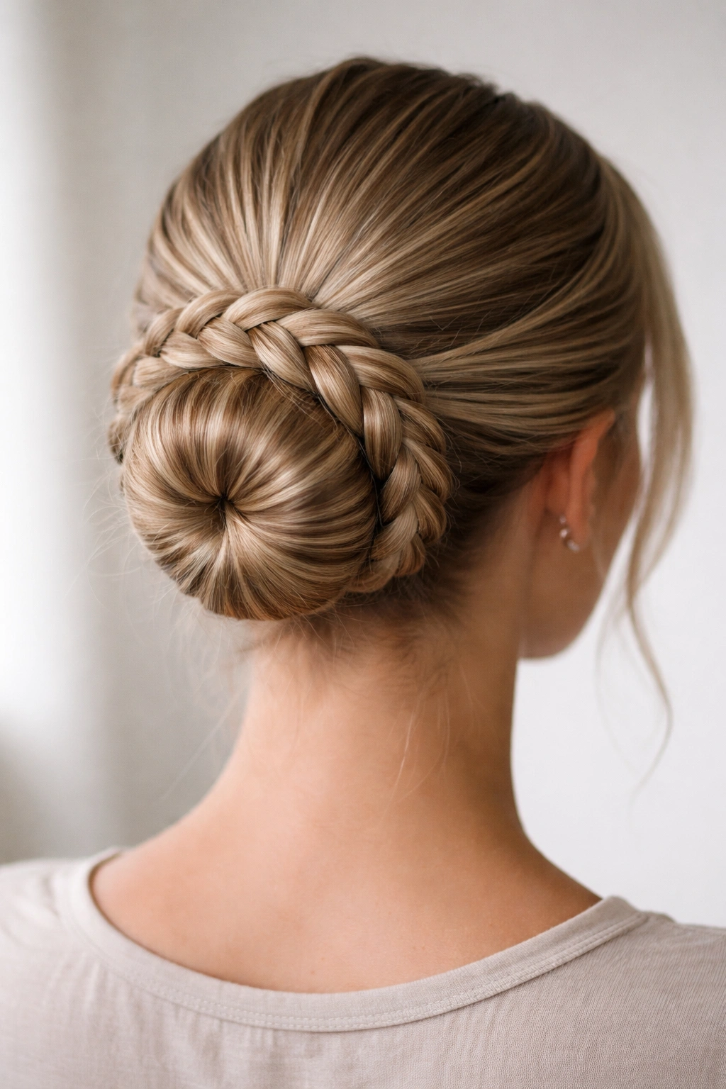Dutch braid wrapped bun viewed from behind