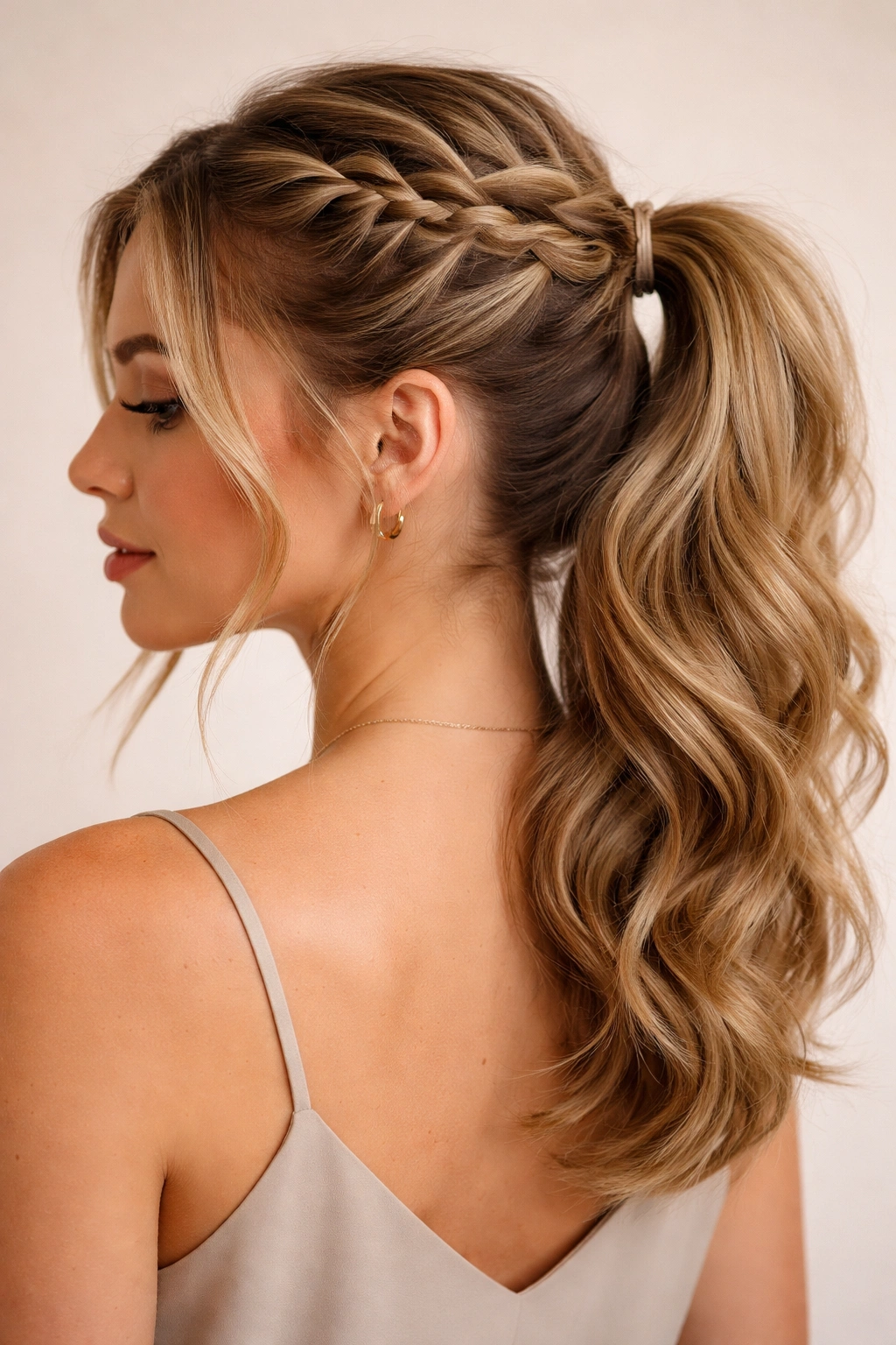 Dutch-braided ponytail with crown-like braid integrated into ponytail