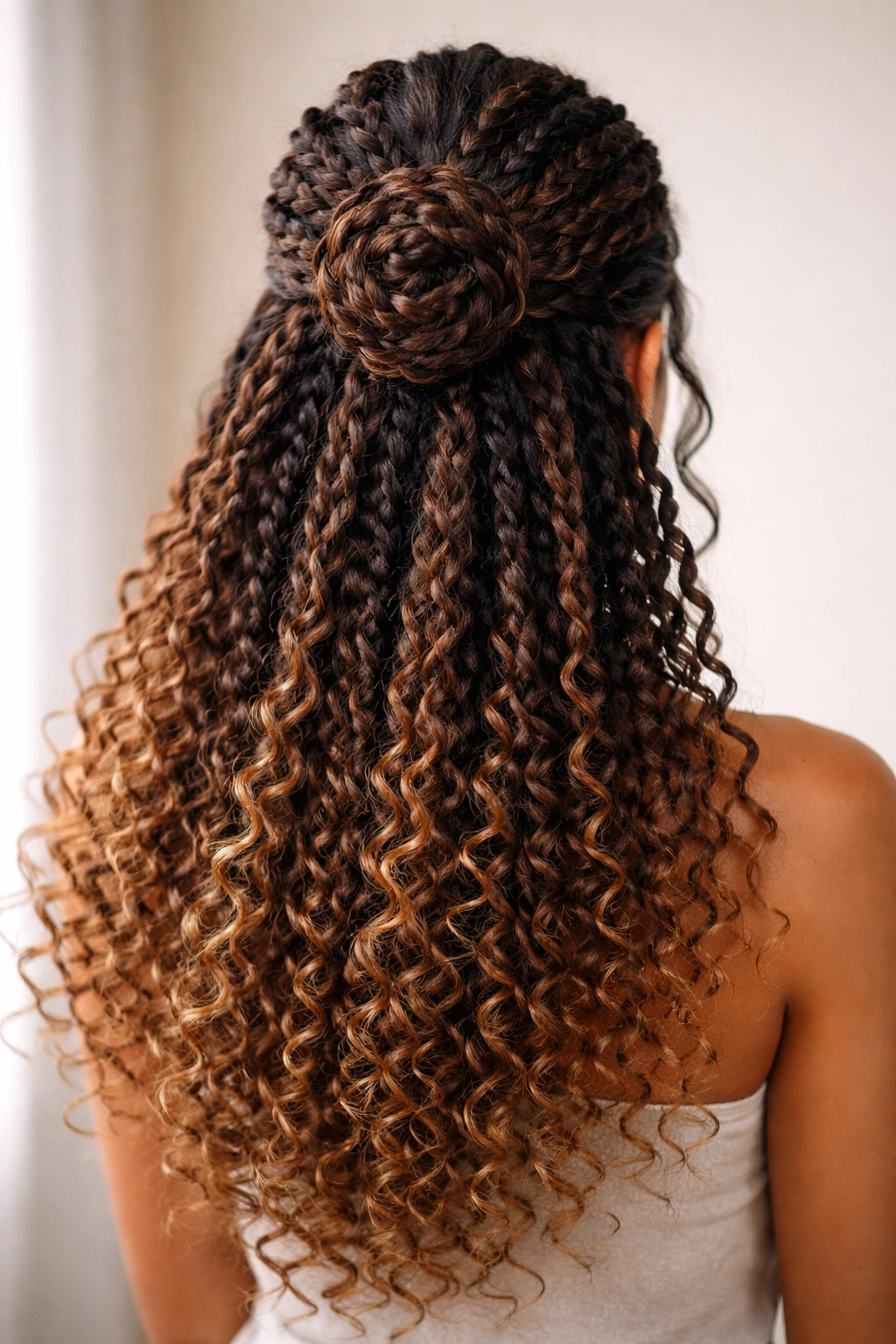 Two Dutch braids forming a raised crown and bun with crochet flow in half-up styling