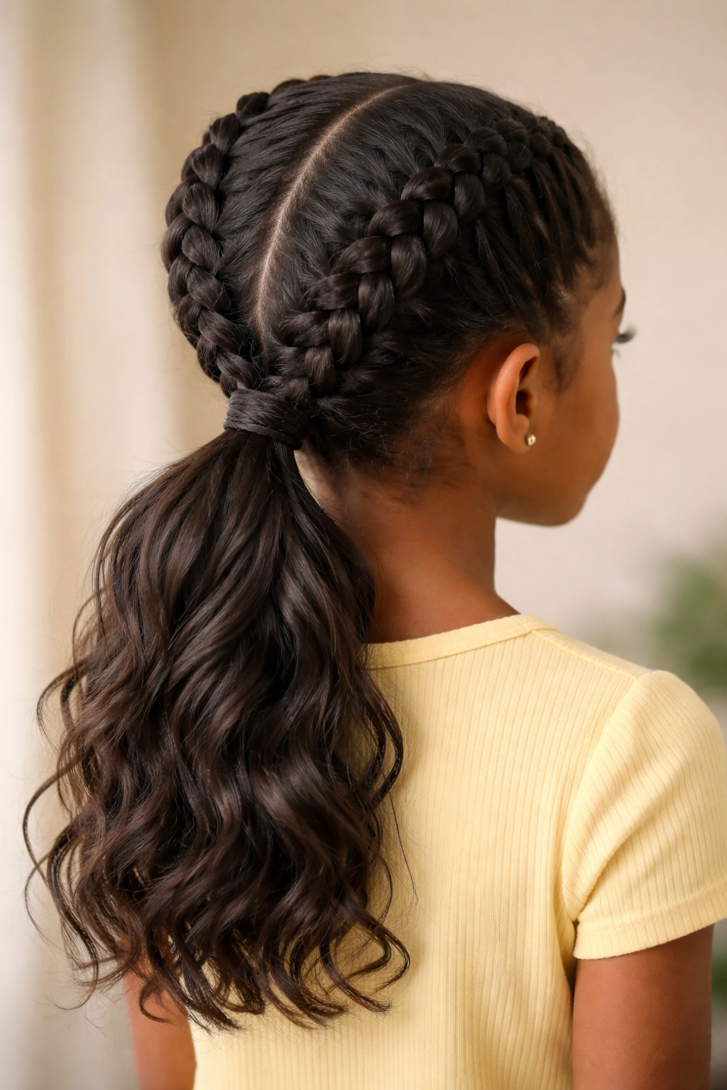 Close-up of two Dutch braids meeting in a low pony at the nape with loose hair
