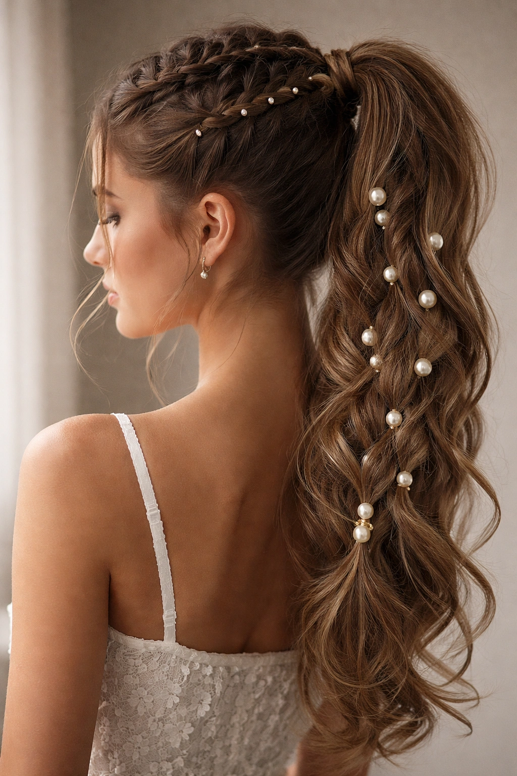 Dutch braids into a ponytail with pearl beads
