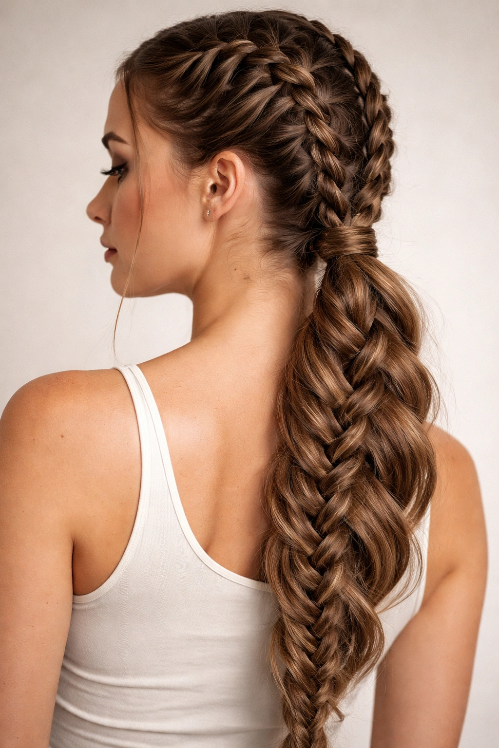 Close-up of thick hair with Dutch braids extending into a braided ponytail