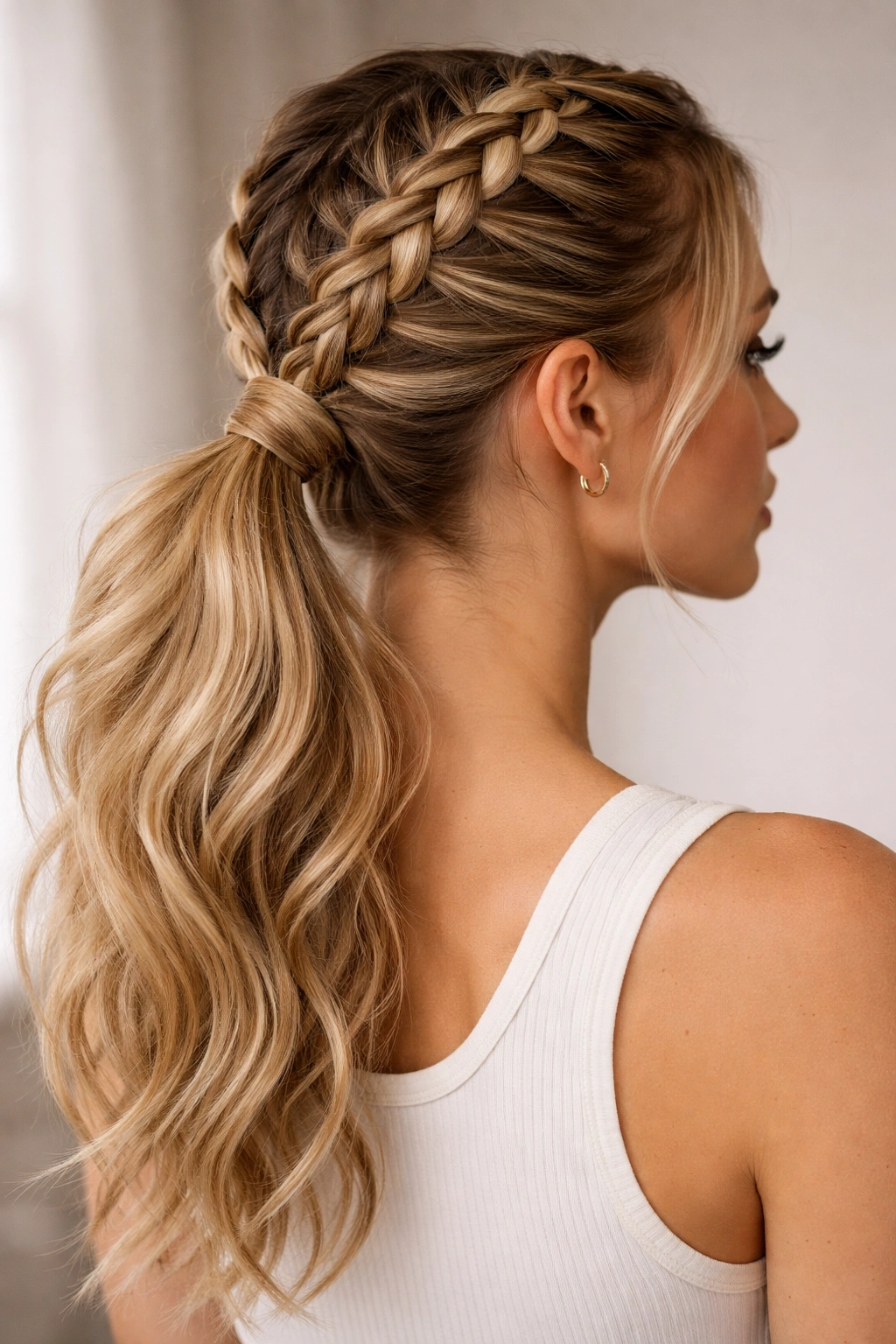 Dutch braids forming a high ponytail with a wrapped elastic look