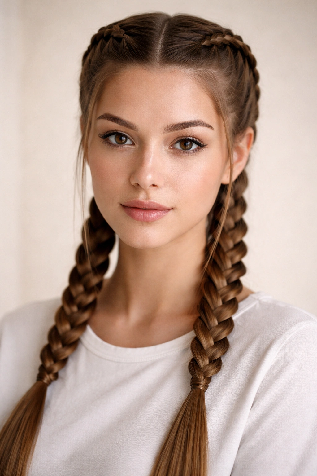 Two Dutch braids along a center-parted straight hairstyle