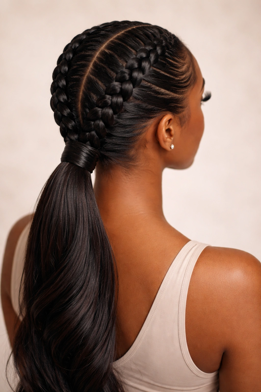 Dutch braids converging into a thick ponytail with sculptural lines
