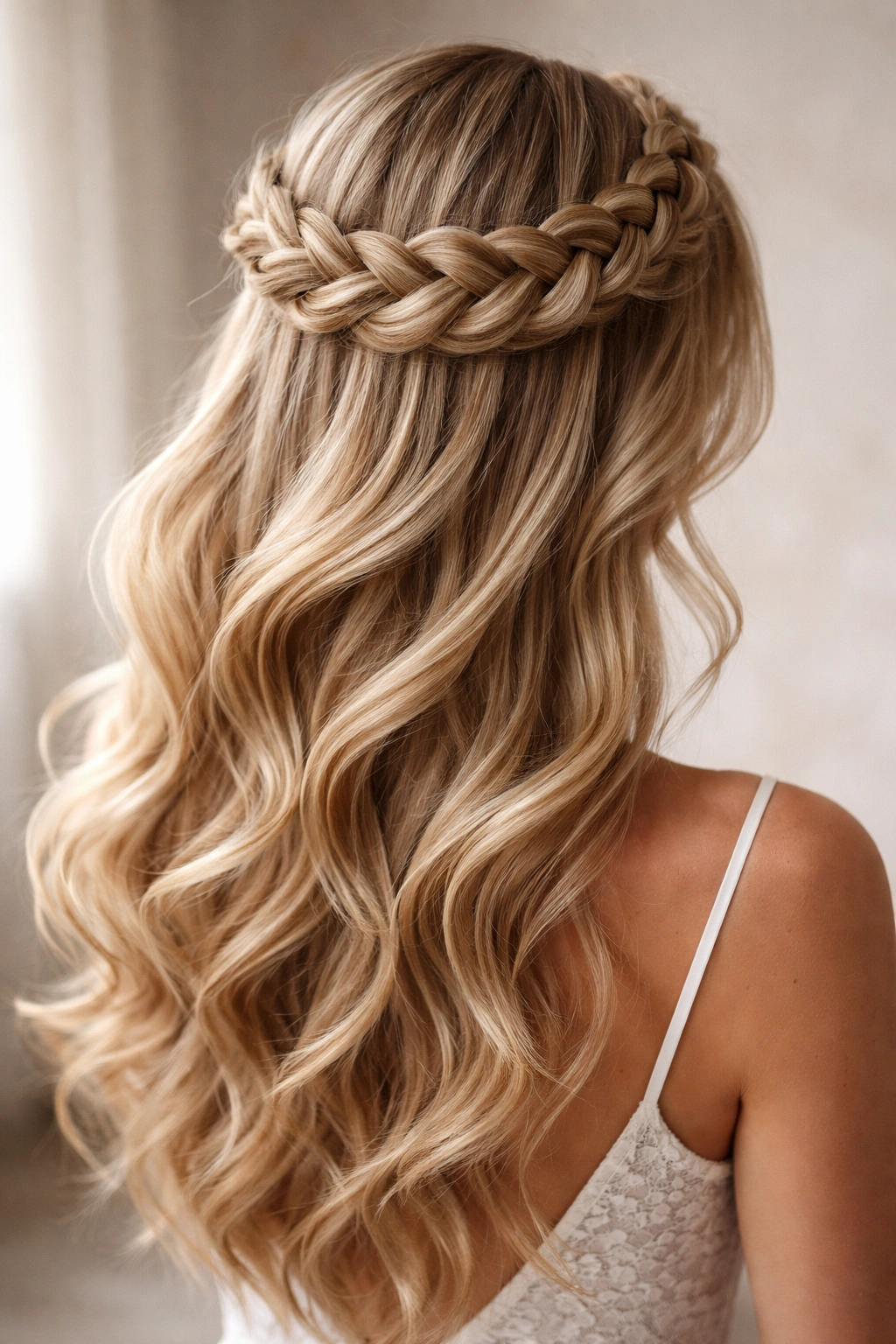 Close-up of bold Dutch crown braid with voluminous waves