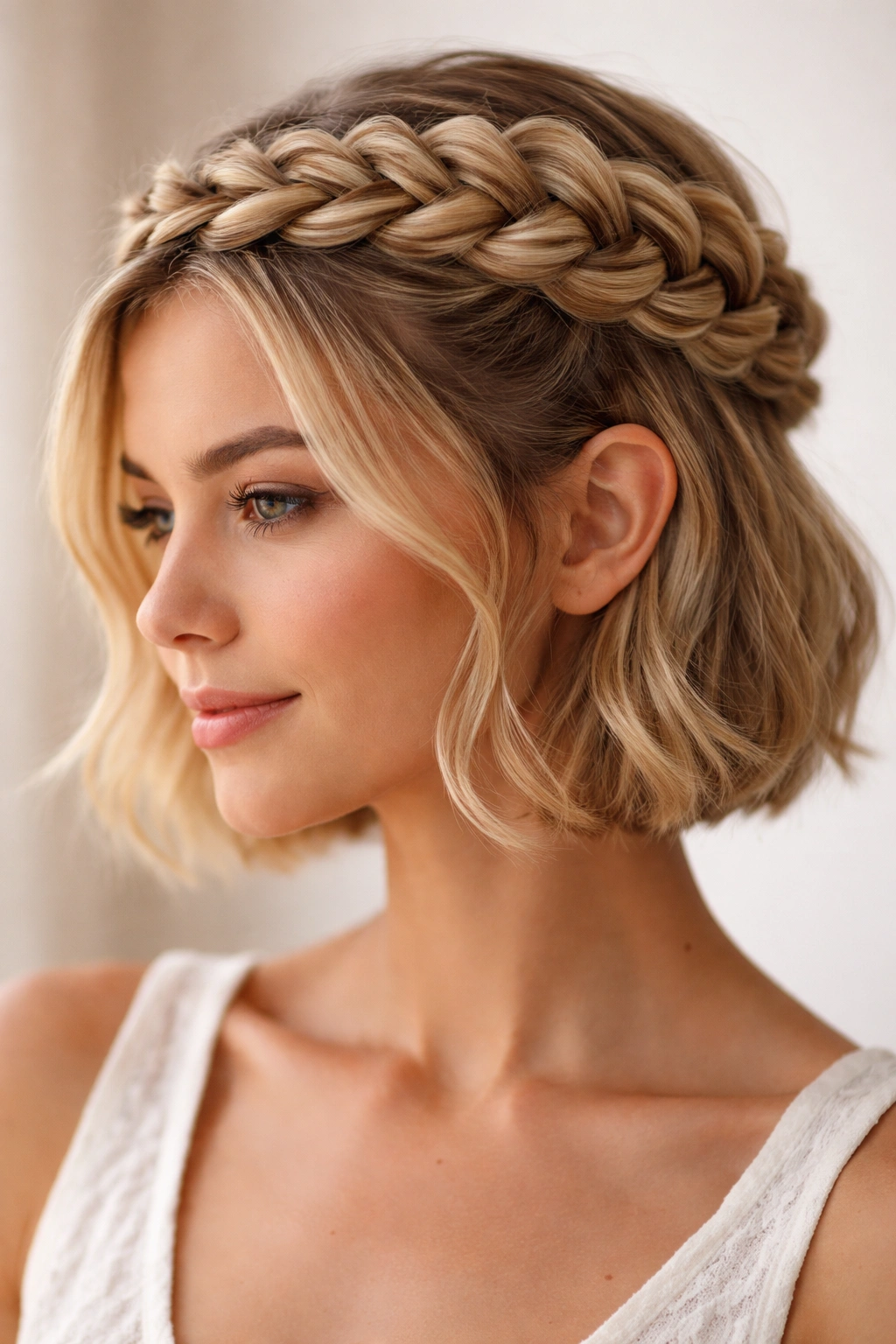 Close-up of a raised Dutch crown braid on short hair, highlighting texture and dimension