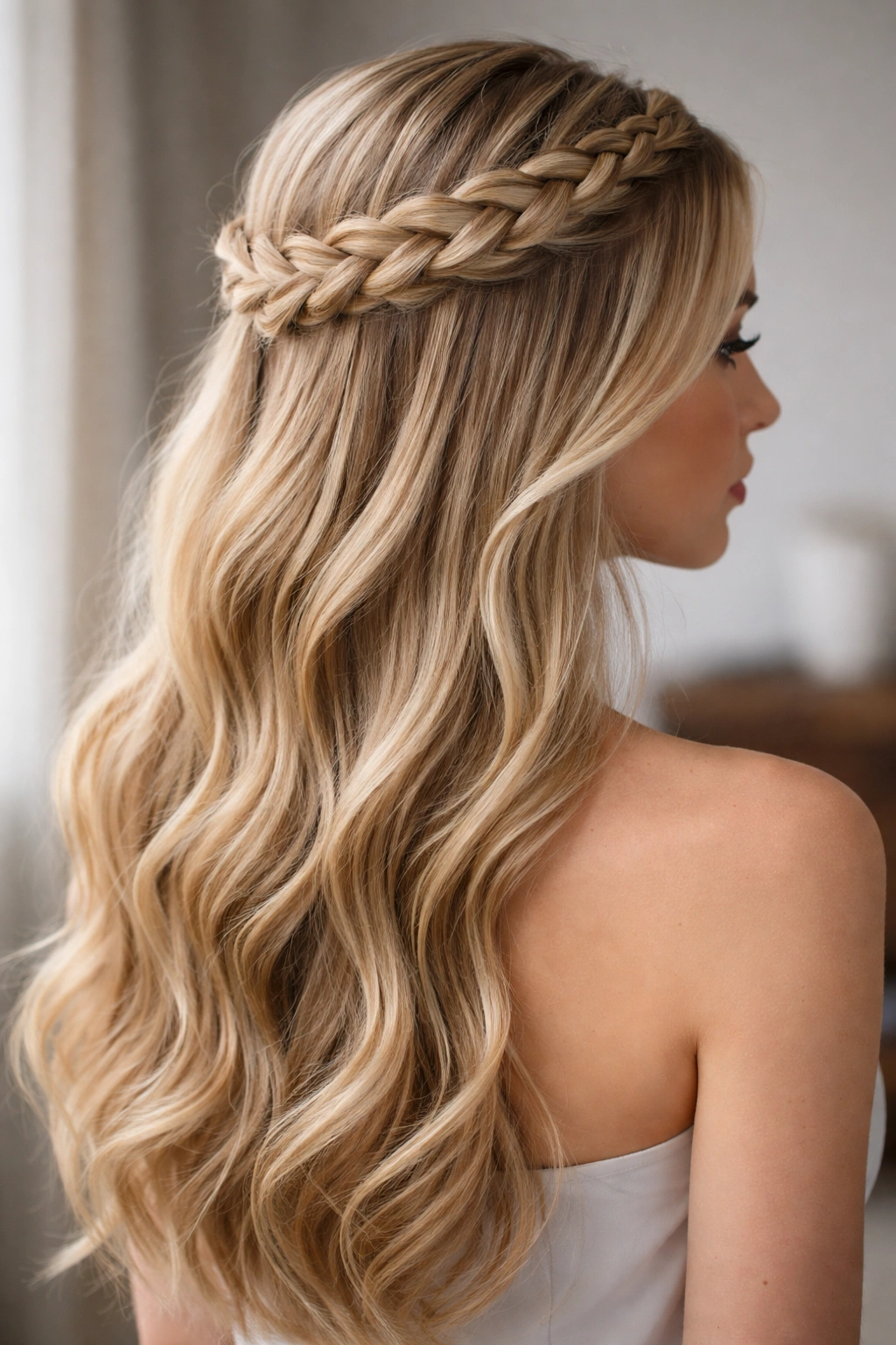 Dutch crown braid with soft waves on straight hair