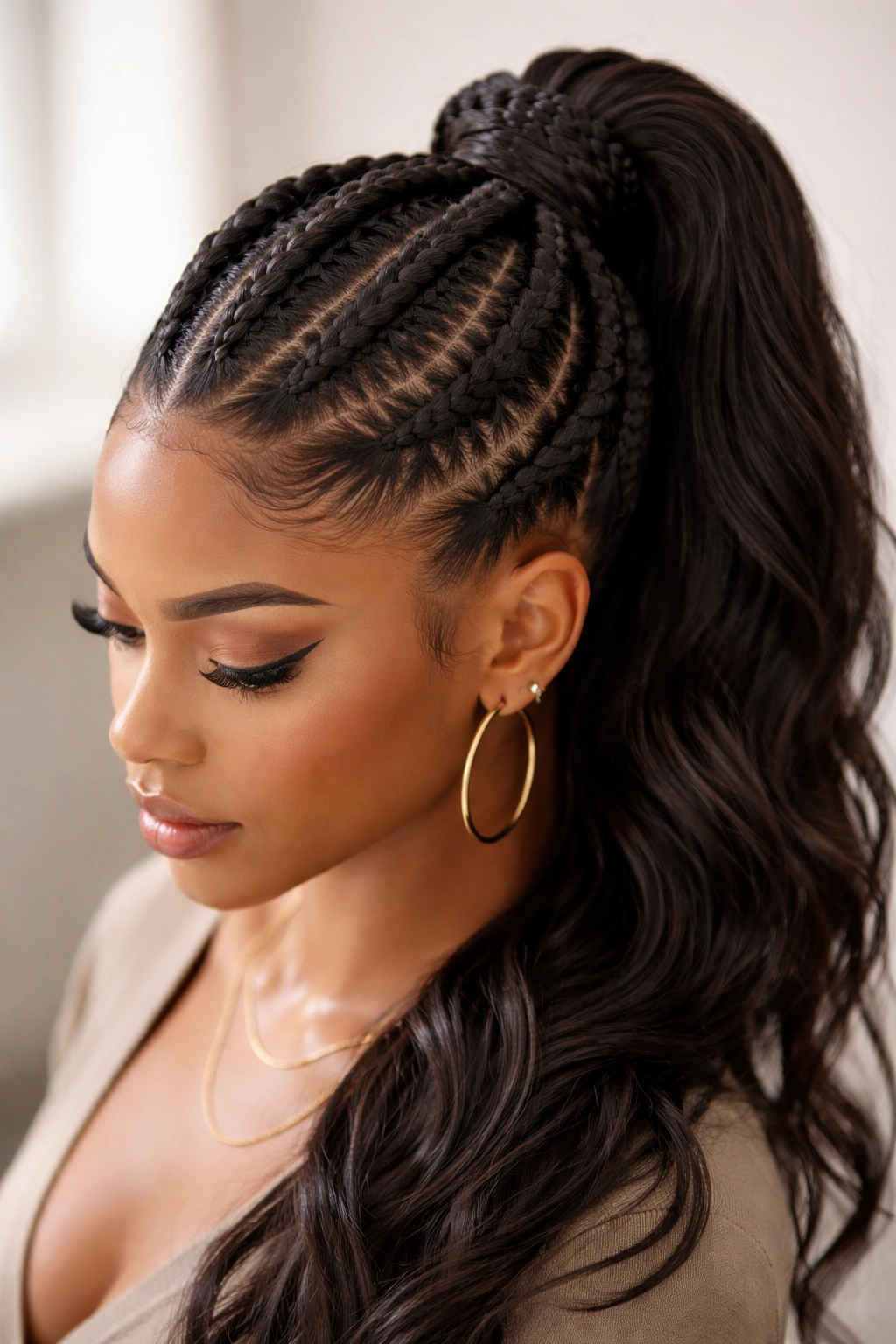 Raised Dutch braids forming a crown leading into a ponytail for a sculptural protective style