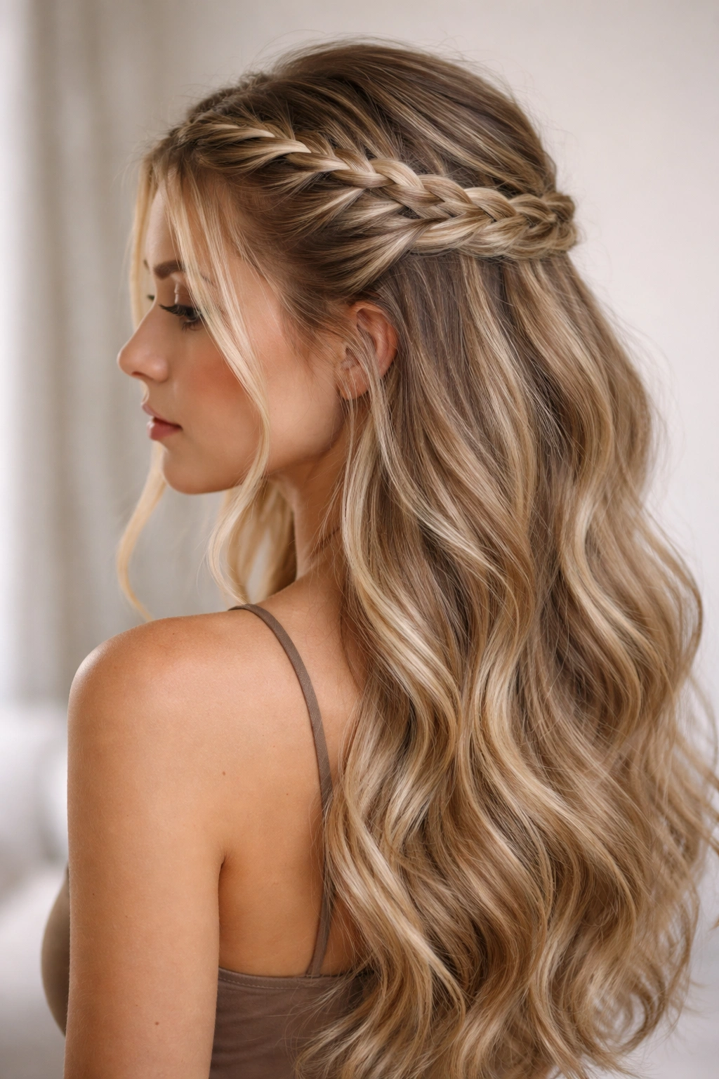 Close-up of a raised Dutch braid across the crown with flowing waves