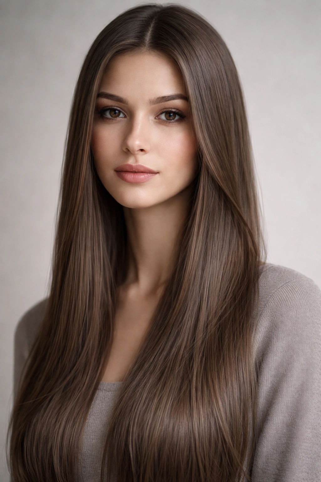 Earthy taupe brown straight hair with taupe-gray undertones.