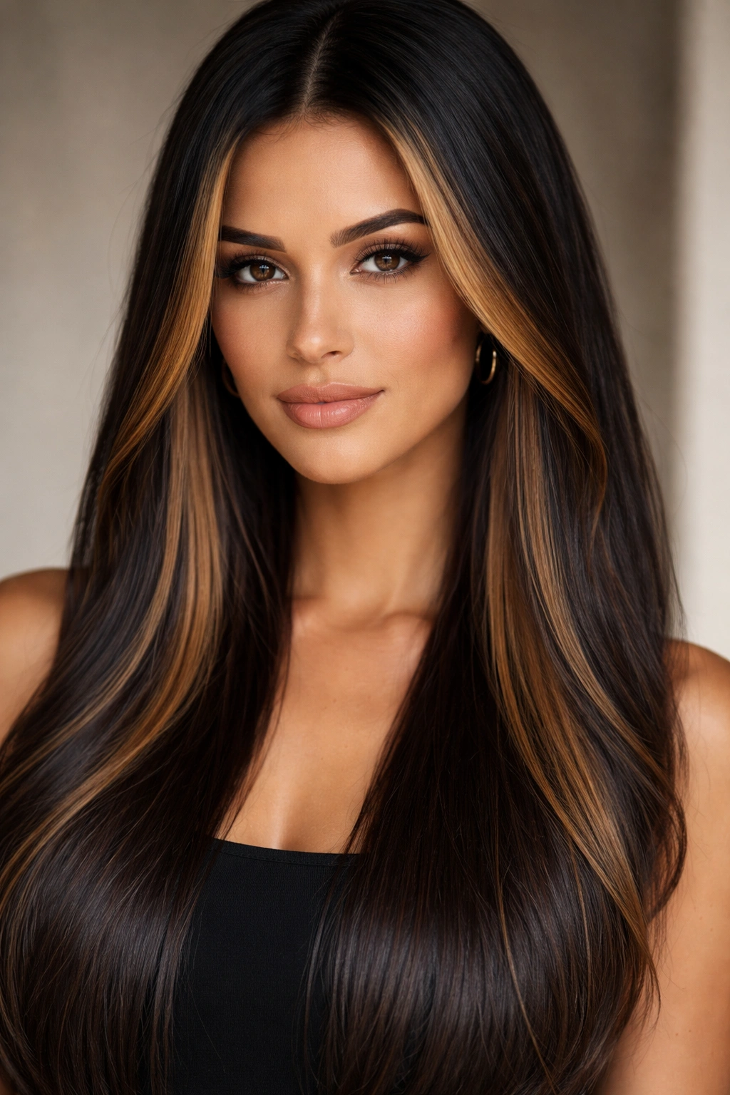 Close-up of straight hair with ebony base and caramel face-framing pieces.