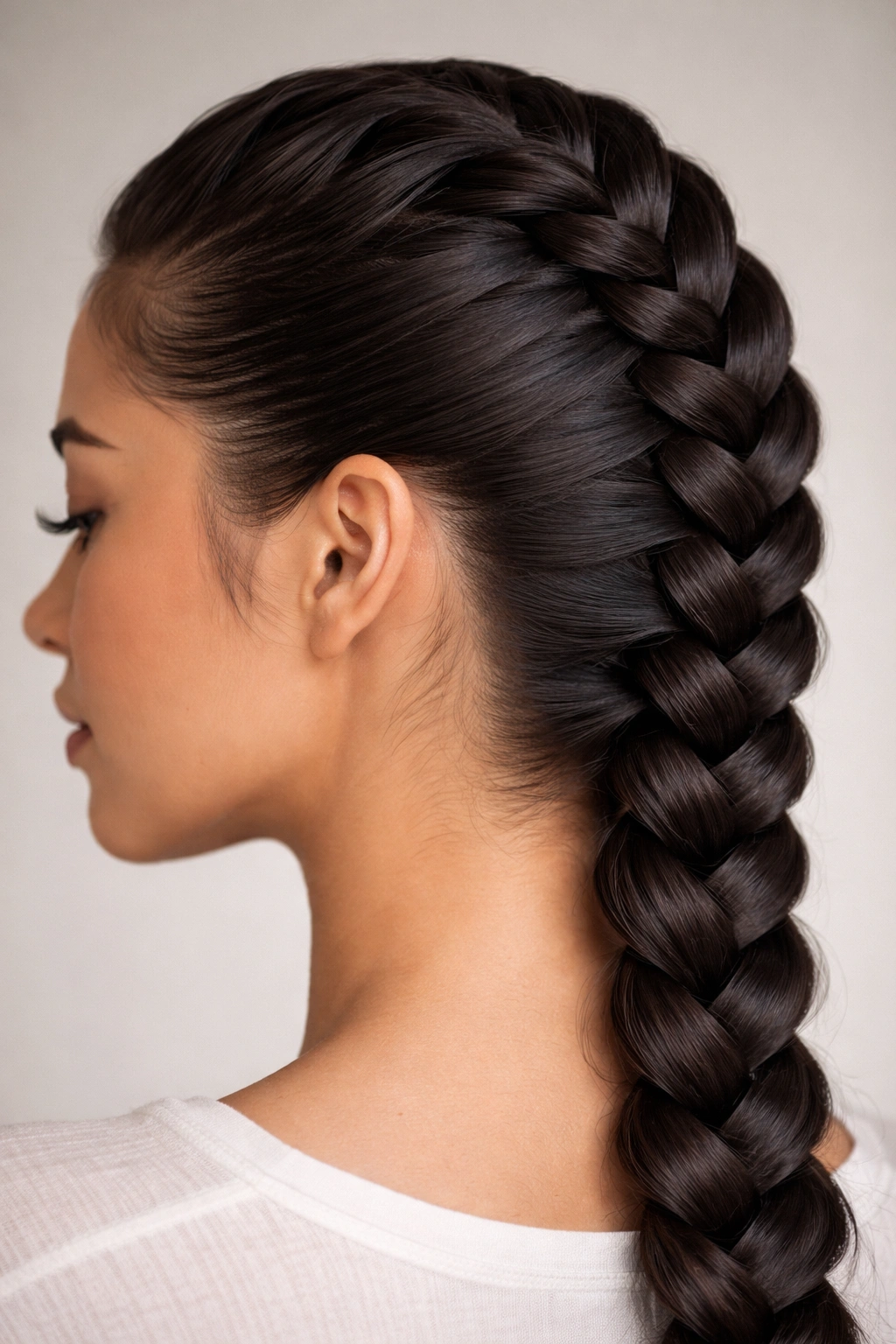 Close-up of sleek edge-control braid with clean edges along hairline controlling frizz