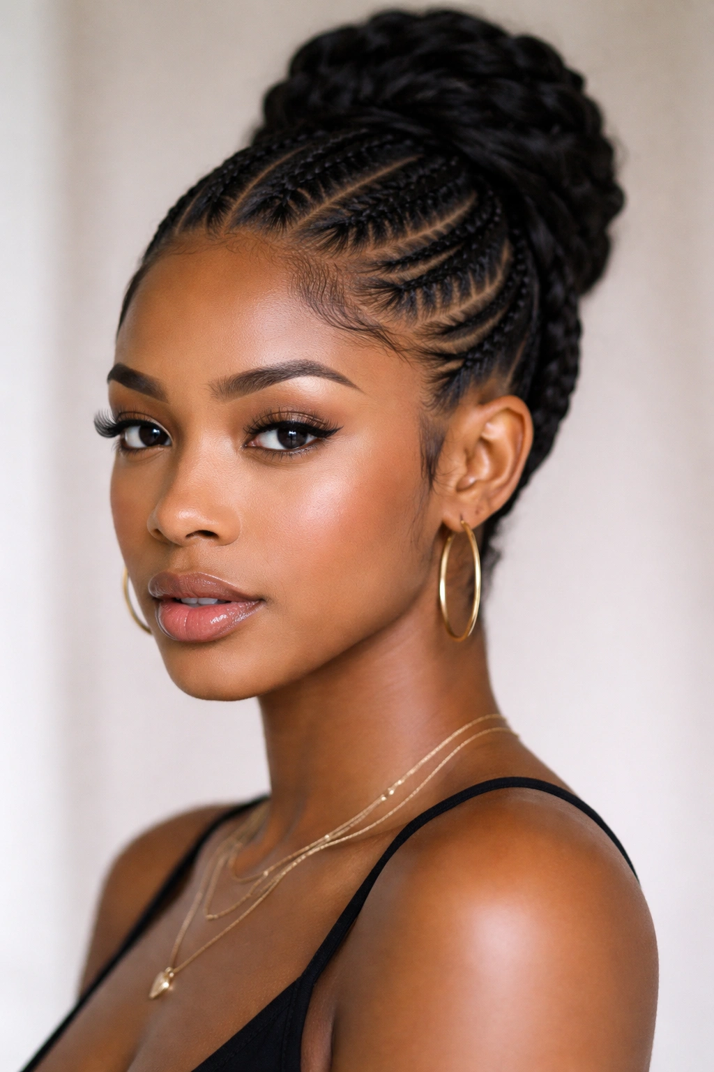 Edge-hugging cornrow updo along the hairline framing the face