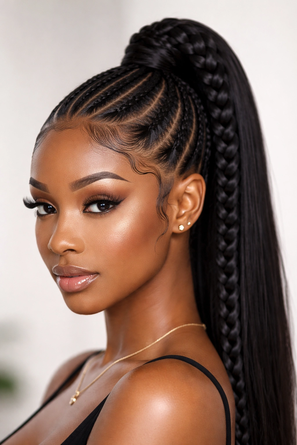Close-up of stitch braid ponytail with smooth, laid edges