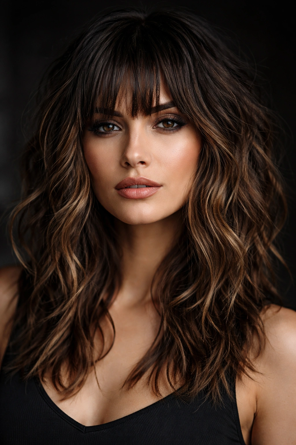 Portrait of edgy choppy bangs with piece-y textured waves in a dramatic studio setting