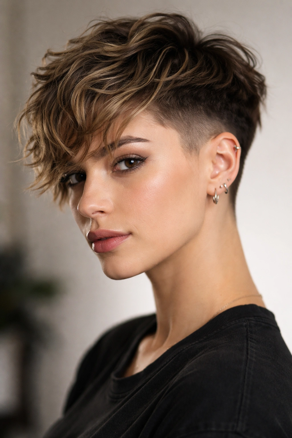 Portrait of a person with an edgy wavy bixie and faded sides.