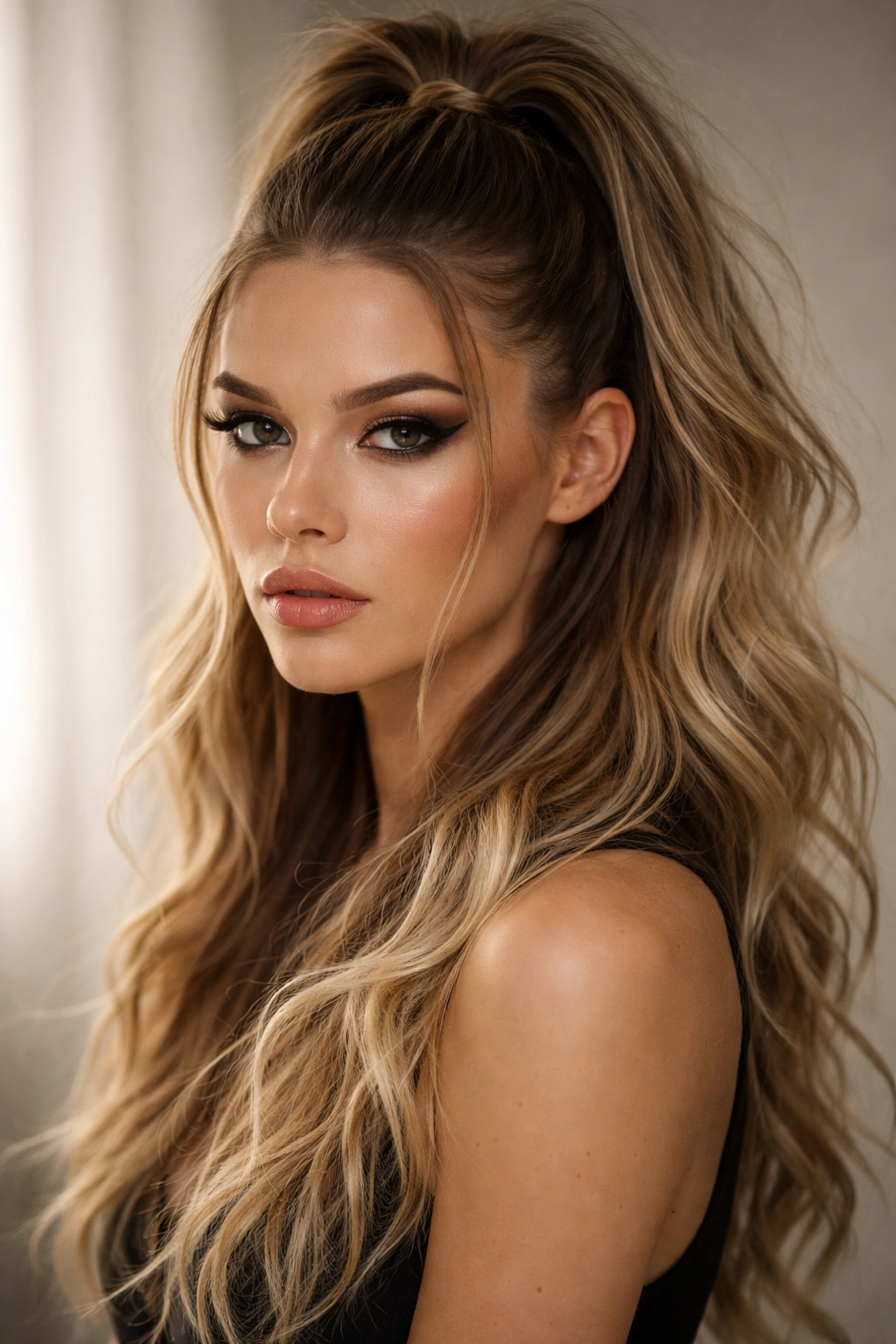 Close-up of an edgy half up half down hairstyle with a sleek top and flowing waves