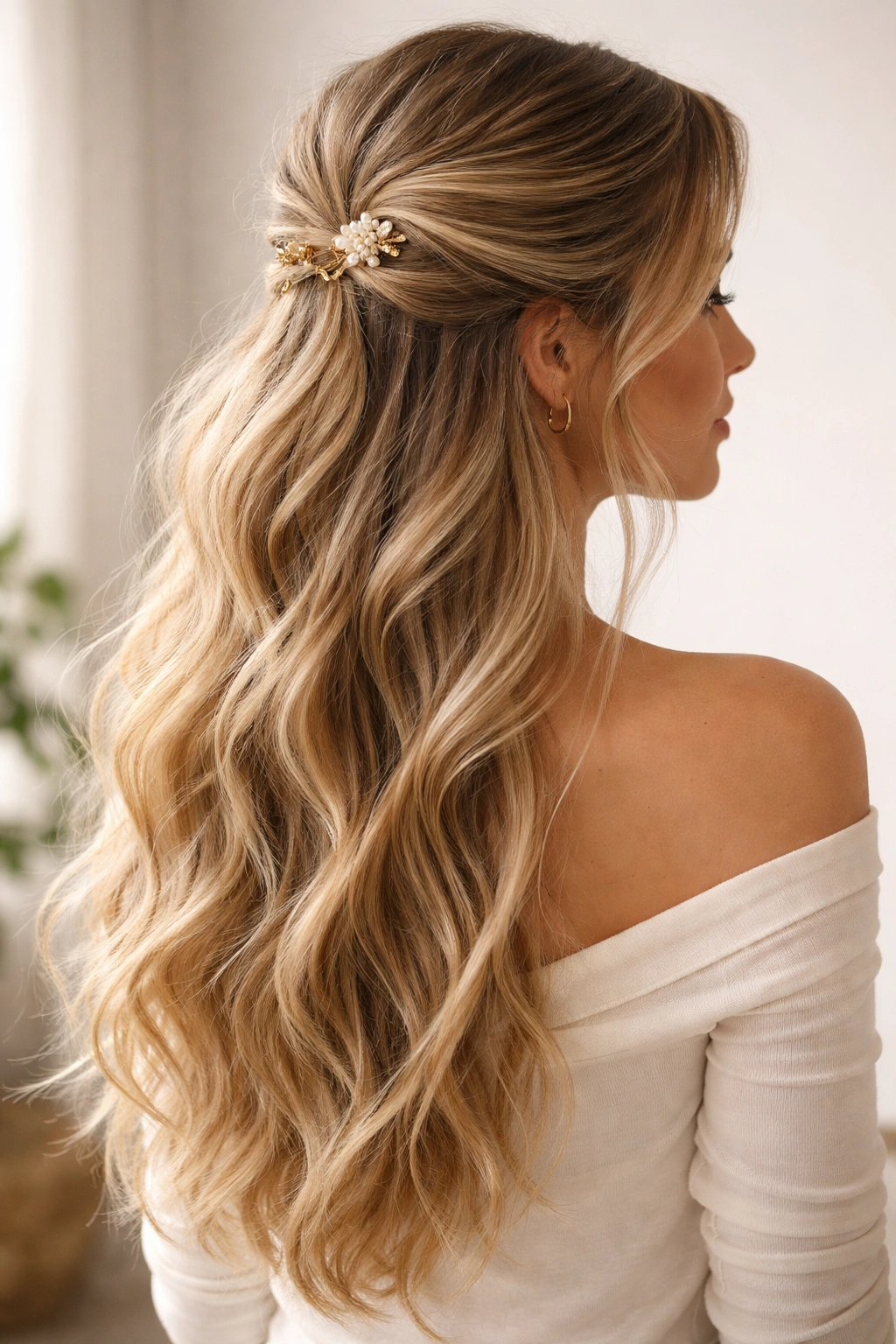 Medium shot of long wavy hair in a hybrid half-up style with a decorative clip