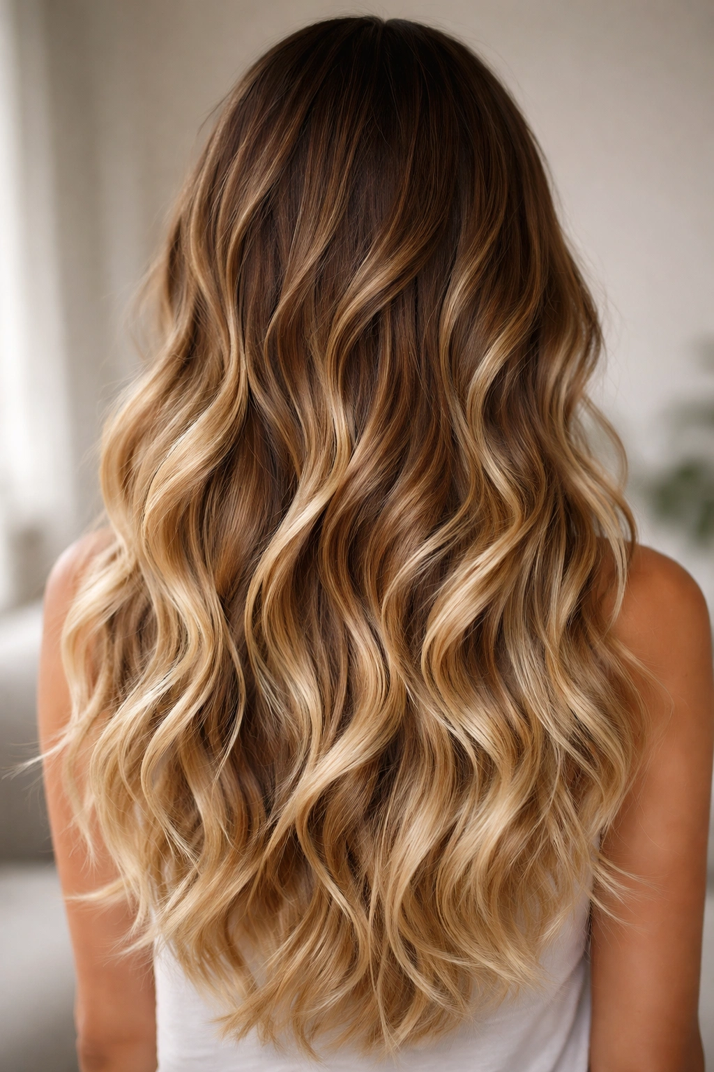 Close-up of long wavy hair with brown-to-blonde balayage gradient