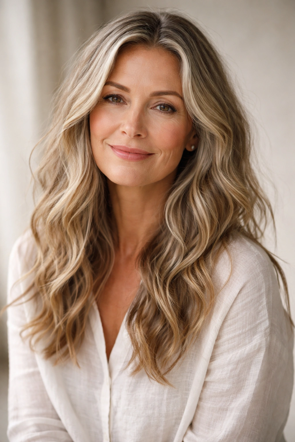 Portrait of a woman with natural, loose waves and minimal styling for an effortless look.