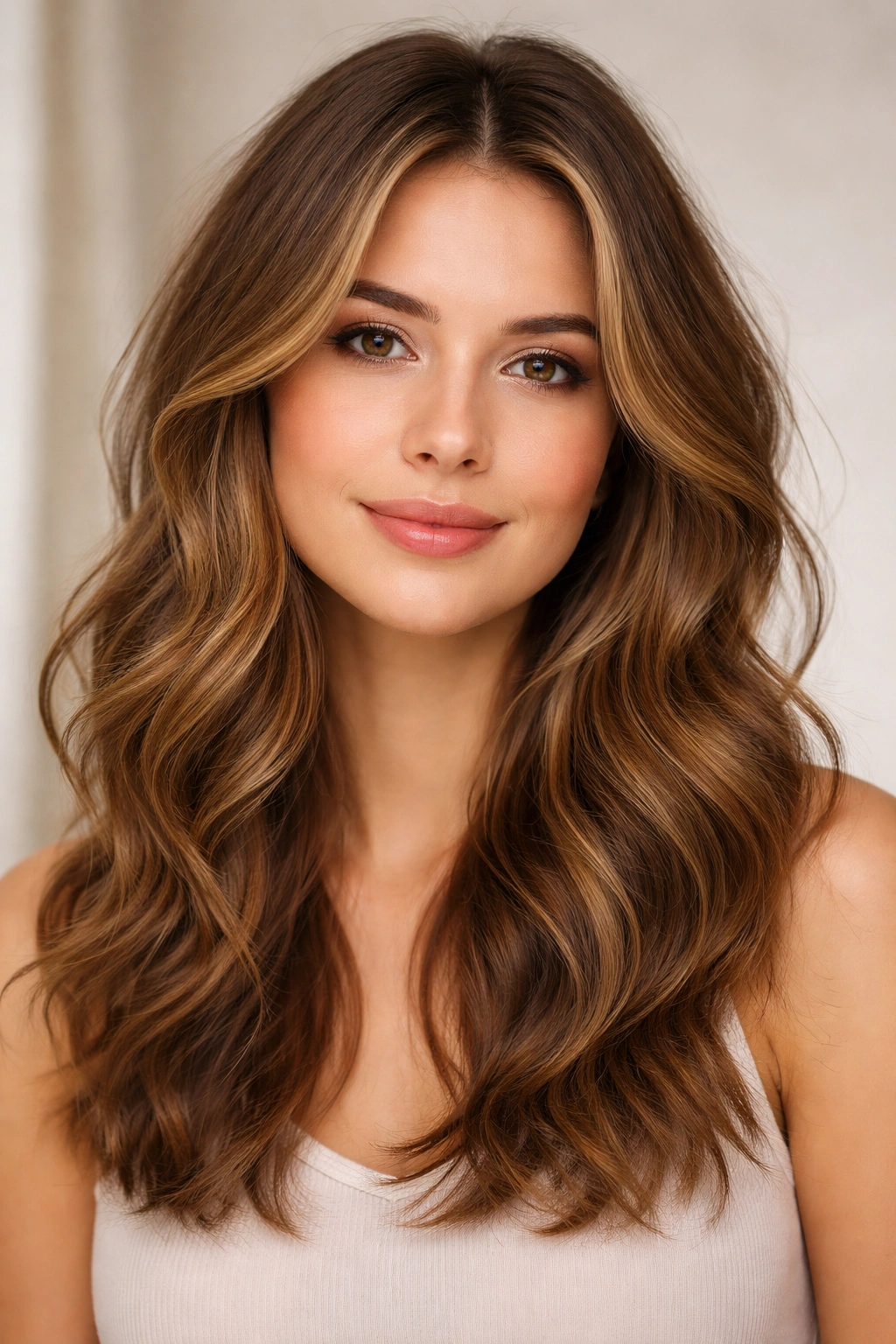Effortless waves with soft layers on an oval face in soft lighting