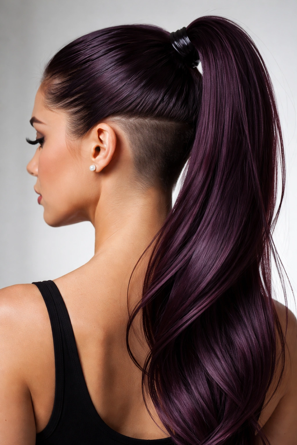 Eggplant high ponytail with an undercut visible at the underside