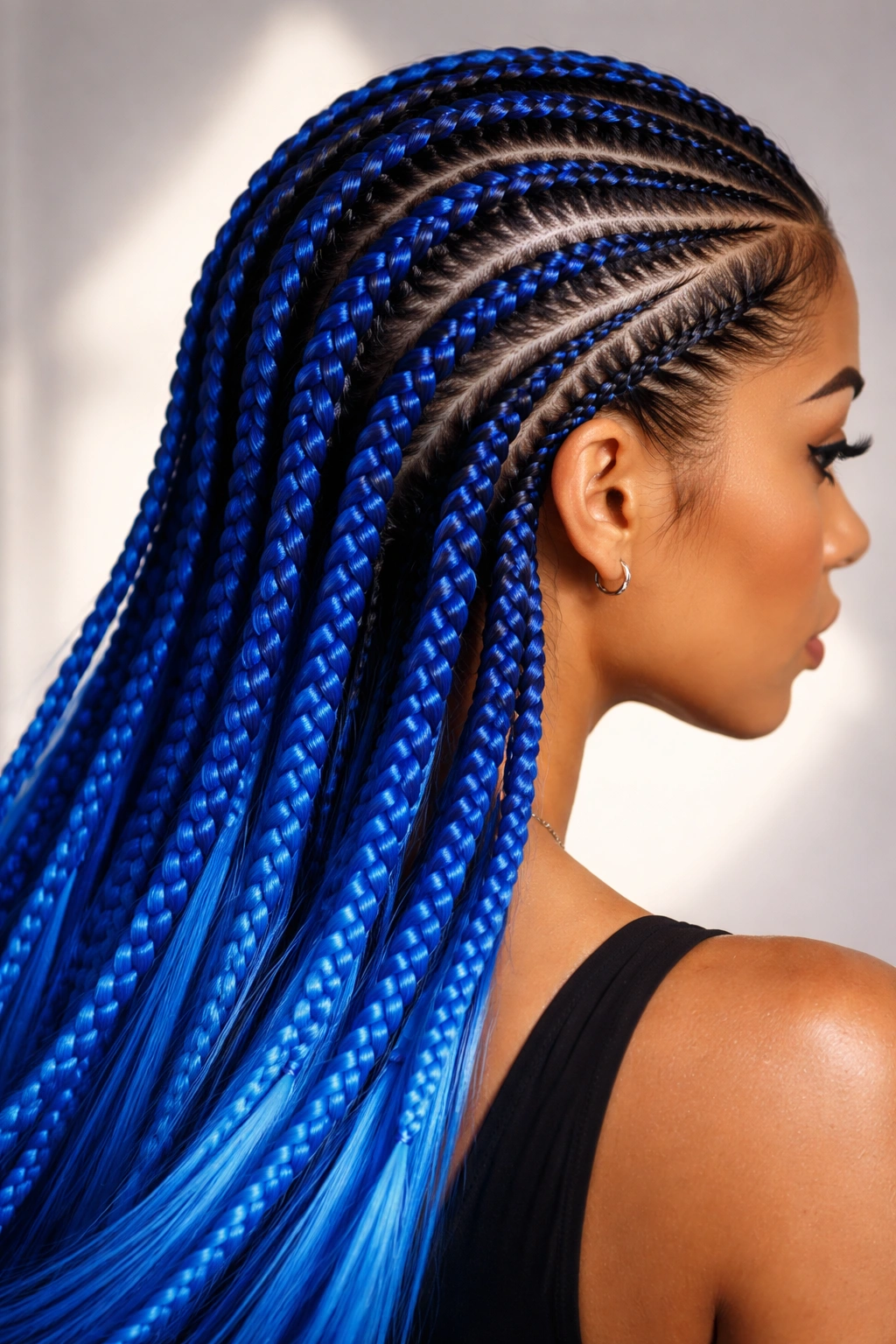 Close-up of electric blue feed-in cornrows in geometric pattern in studio.