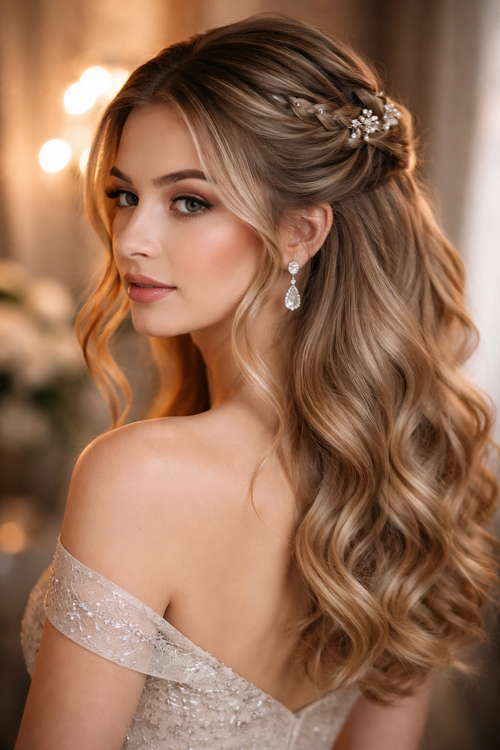 Elegant formal half up half down hairstyle with braids and waves