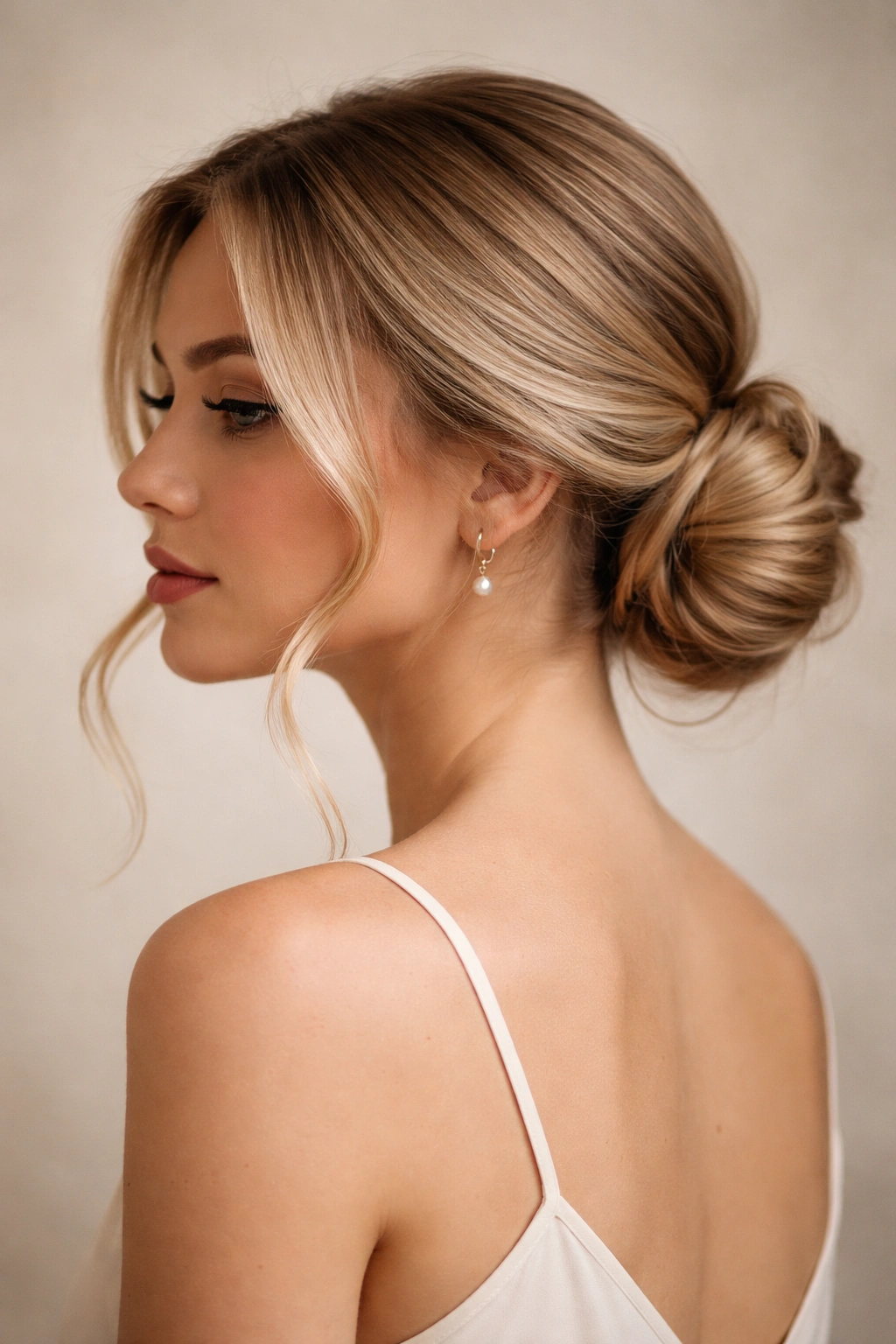 Low bun with tendrils curling from the temples.
