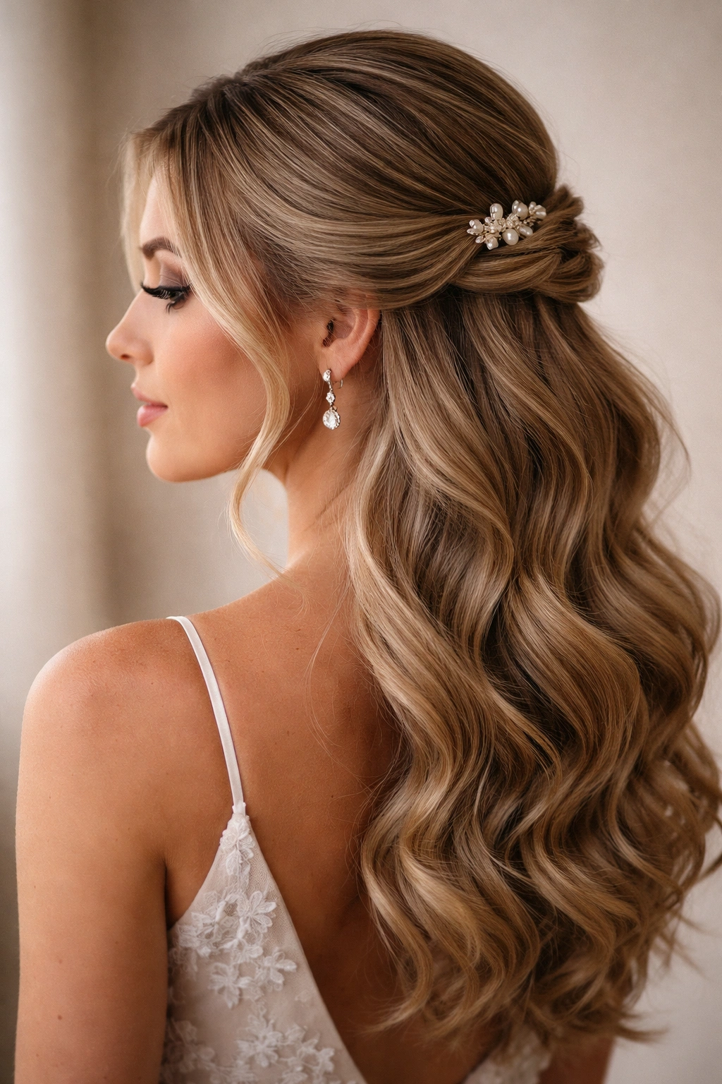 Elegant low half updo with a soft twist at the nape and flowing waves