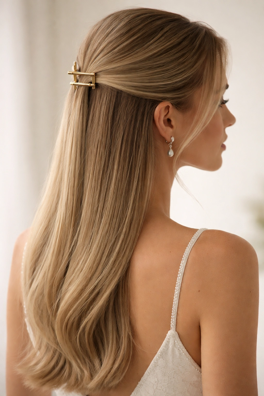 Sleek straight hair with a small minimalist claw clip at the crown