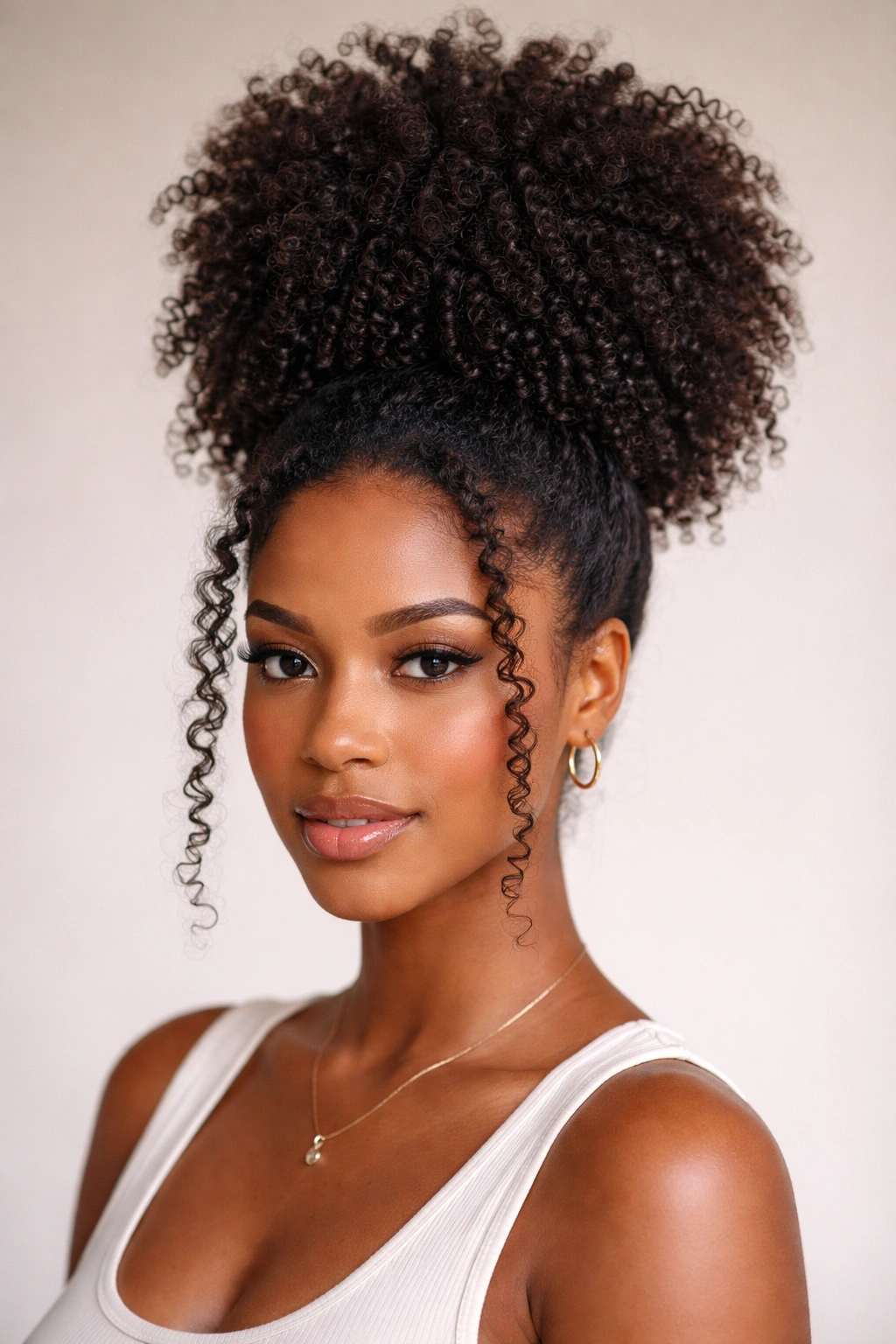 Elongated puff showing pronounced coil definition with face-framing front curls
