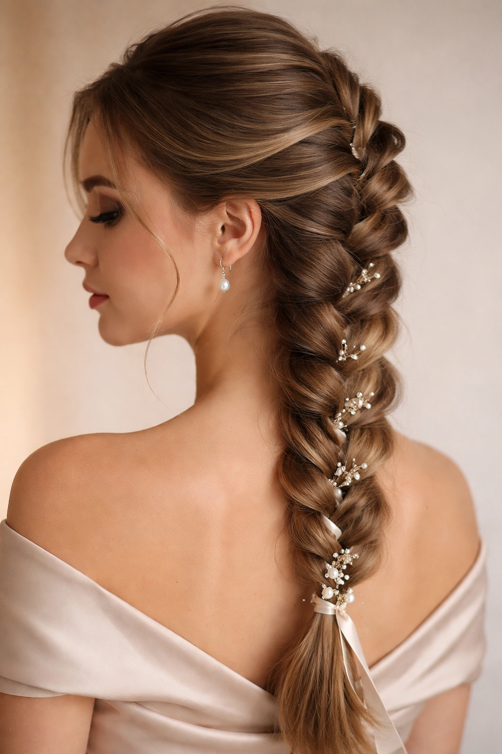Close-up of an embellished French braid with a delicate ribbon woven through