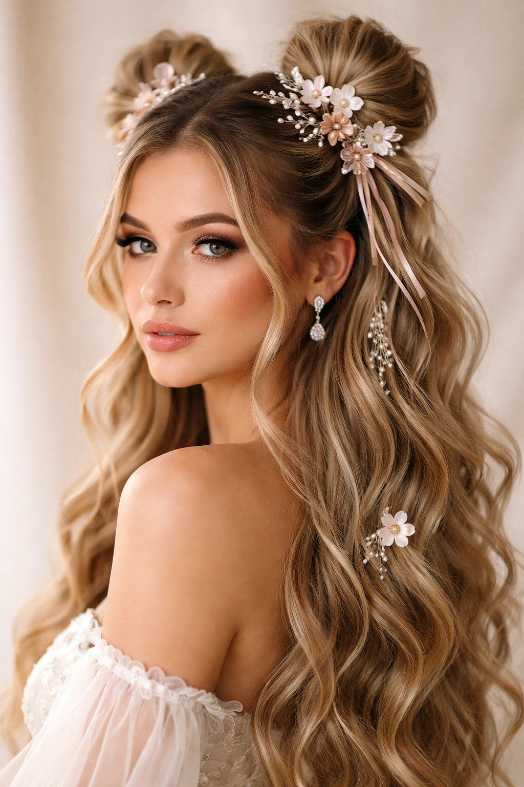 Close-up of glamorous embellished space buns with jewels and ribbons
