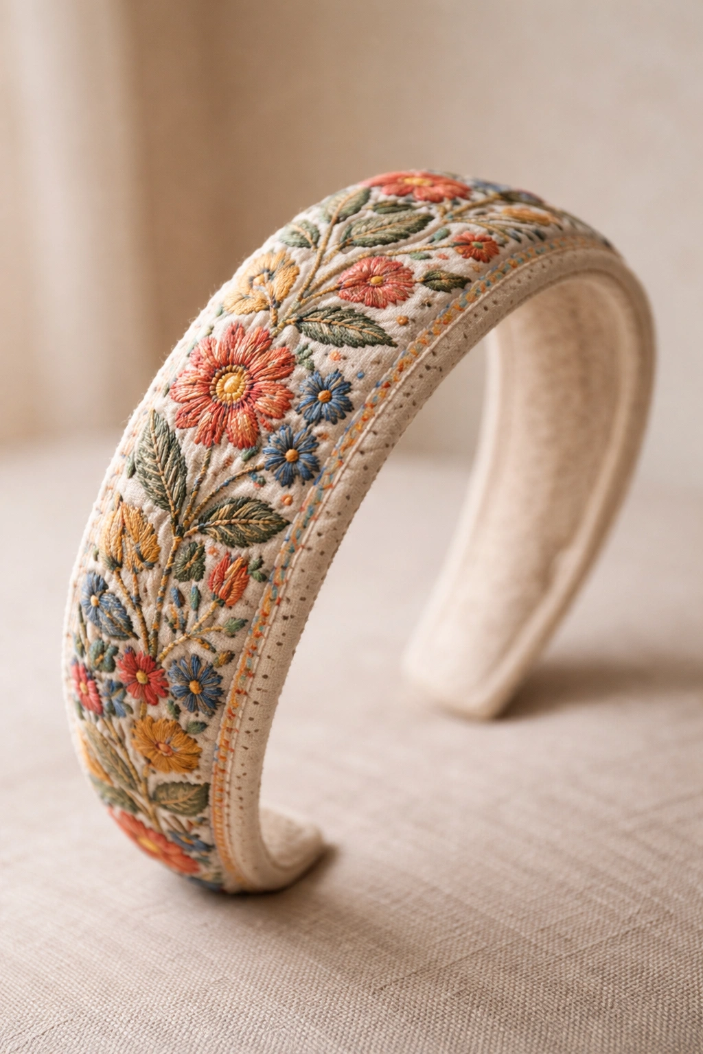 Close-up of embroidered fabric headband showing floral stitches on neutral background