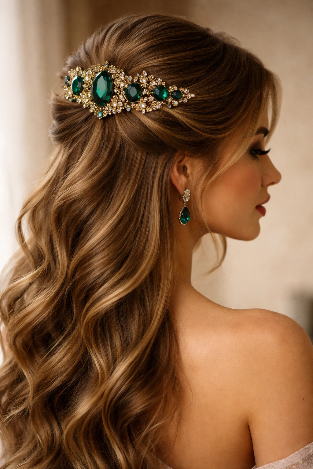 Half-up hairstyle with emerald gemstone placement for luxurious color