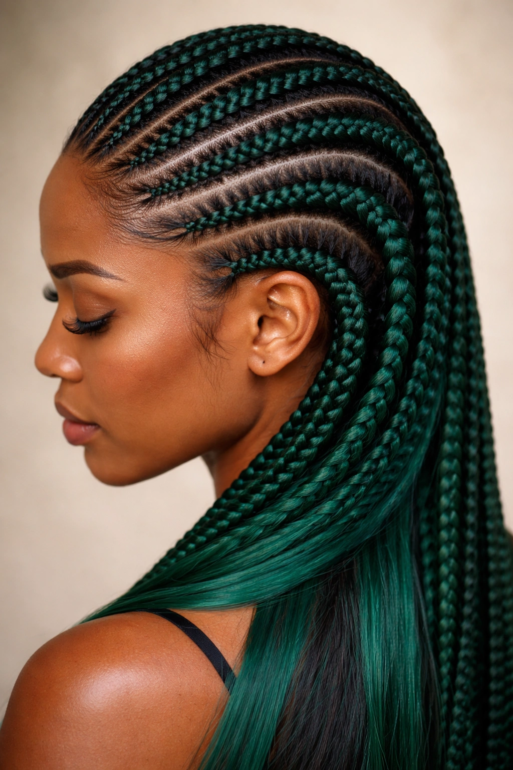 Close-up of deep emerald green feed-in cornrows in studio lighting.